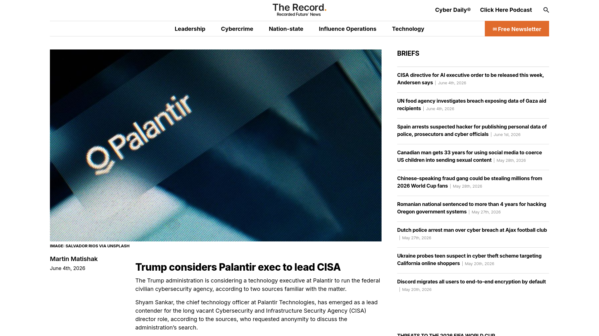 Trump considers Palantir exec to lead CISA | The Record from Recorded Future News