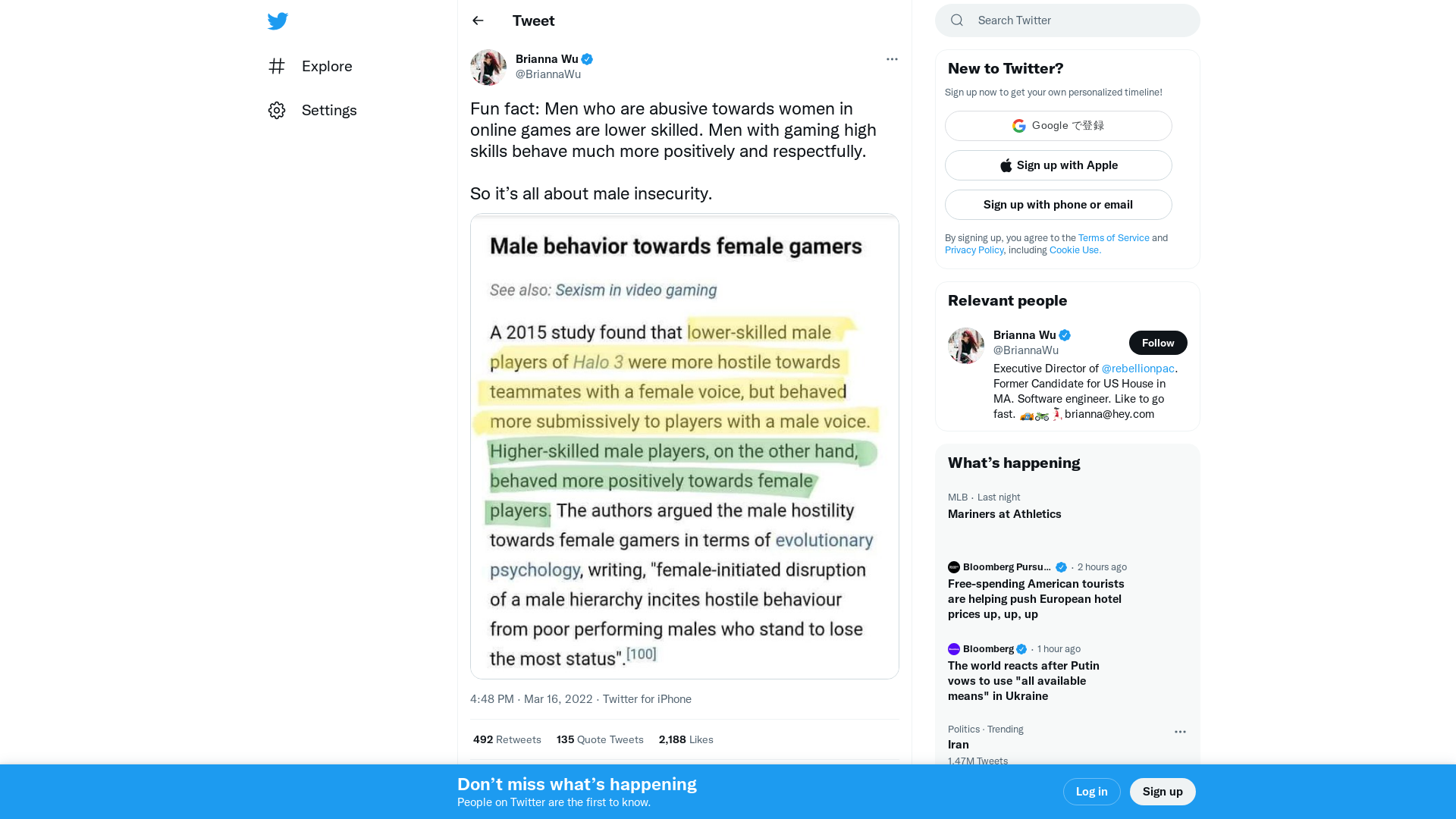 Brianna Wu on Twitter: "Fun fact: Men who are abusive towards women in online games are lower skilled. Men with gaming high skills behave much more positively and respectfully. So it’s all about male insecurity. https://t.co/iQCBBjHh03" / Twitter