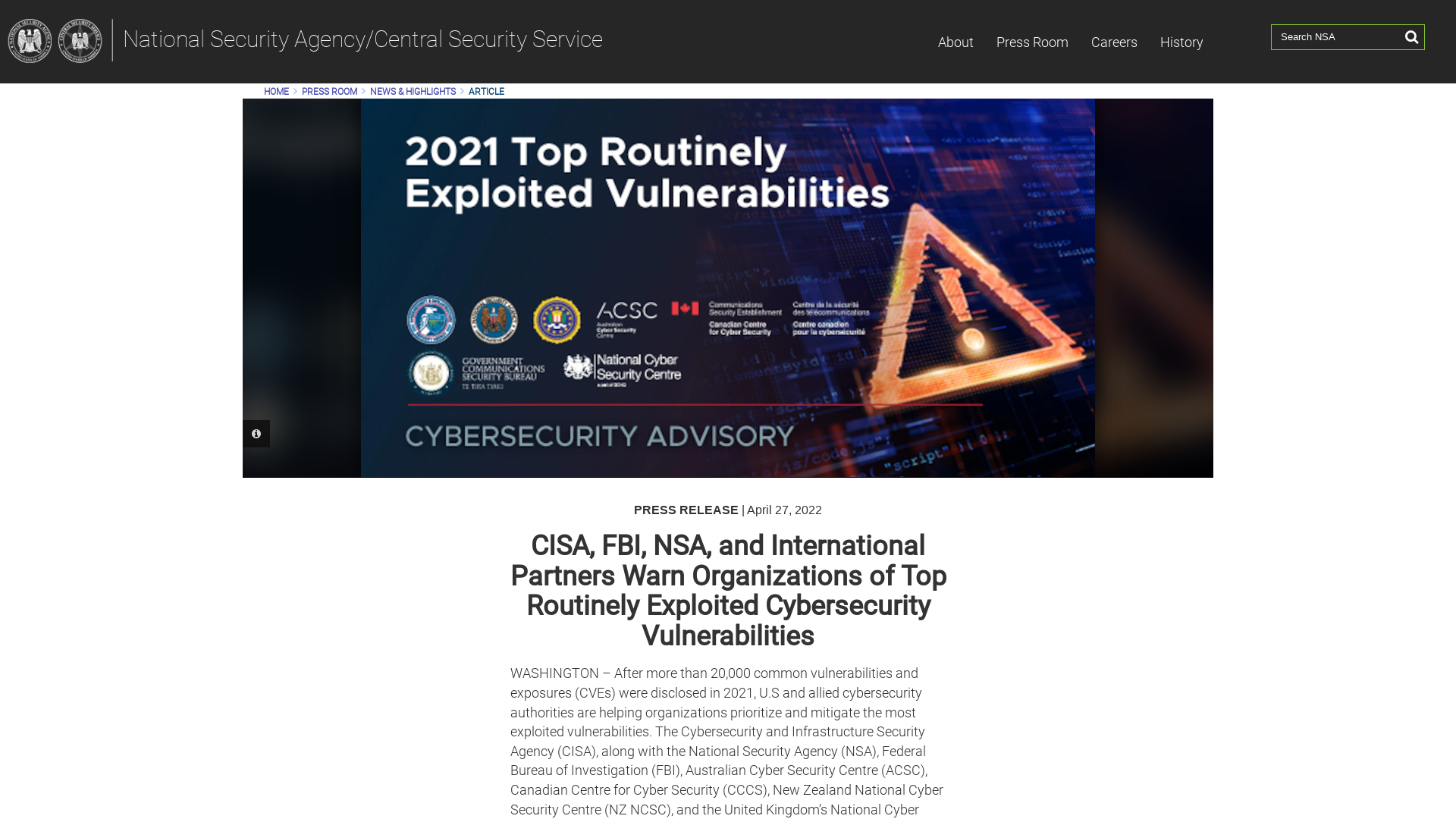 CISA, FBI, NSA, and International Partners Warn Organizations of Top Routinely Exploited Cybersecurity Vulnerabilities > National Security Agency/Central Security Service > Article