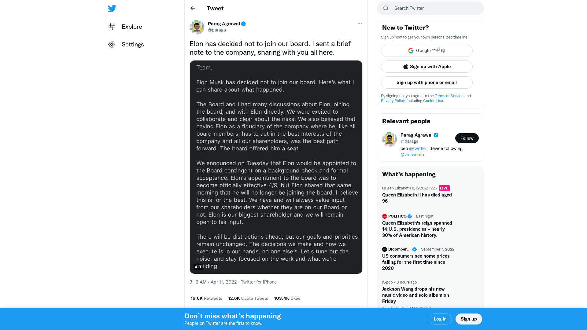 Parag Agrawal on Twitter: "Elon has decided not to join our board. I sent a brief note to the company, sharing with you all here. https://t.co/lfrXACavvk" / Twitter