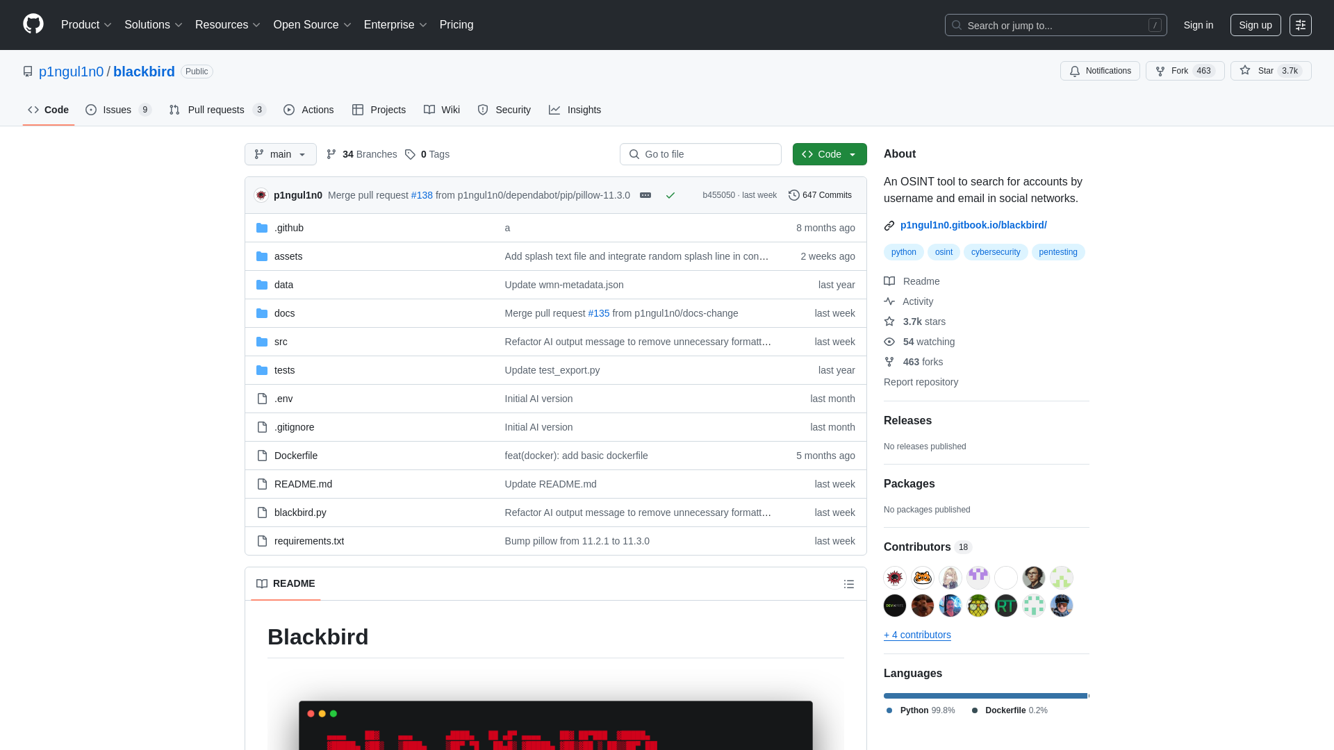 GitHub - p1ngul1n0/blackbird: An OSINT tool to search for accounts by username and email in social networks.