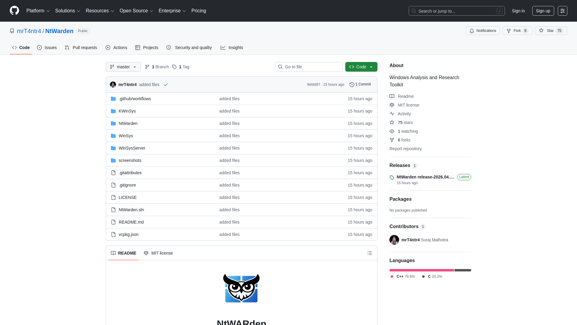 GitHub - mrT4ntr4/NtWarden: Windows Analysis and Research Toolkit · GitHub