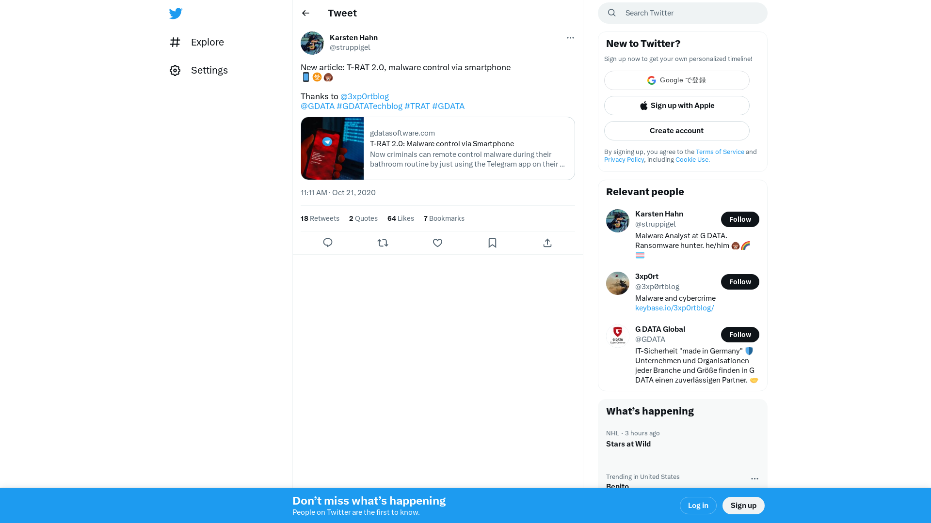 Karsten Hahn on Twitter: "New article: T-RAT 2.0, malware control via smartphone 📱☣️🦔 Thanks to @3xp0rtblog @GDATA #GDATATechblog #TRAT #GDATA https://t.co/V4kd782QJm" / Twitter