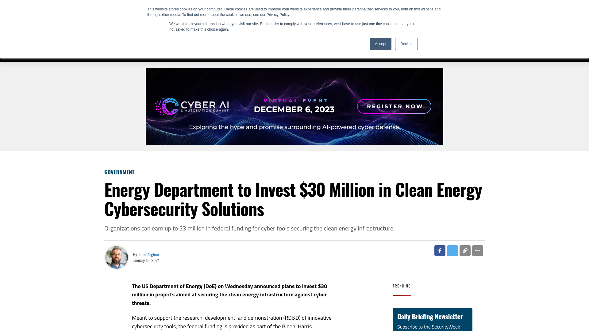 Energy Department to Invest $30 Million in Clean Energy Cybersecurity Solutions - SecurityWeek