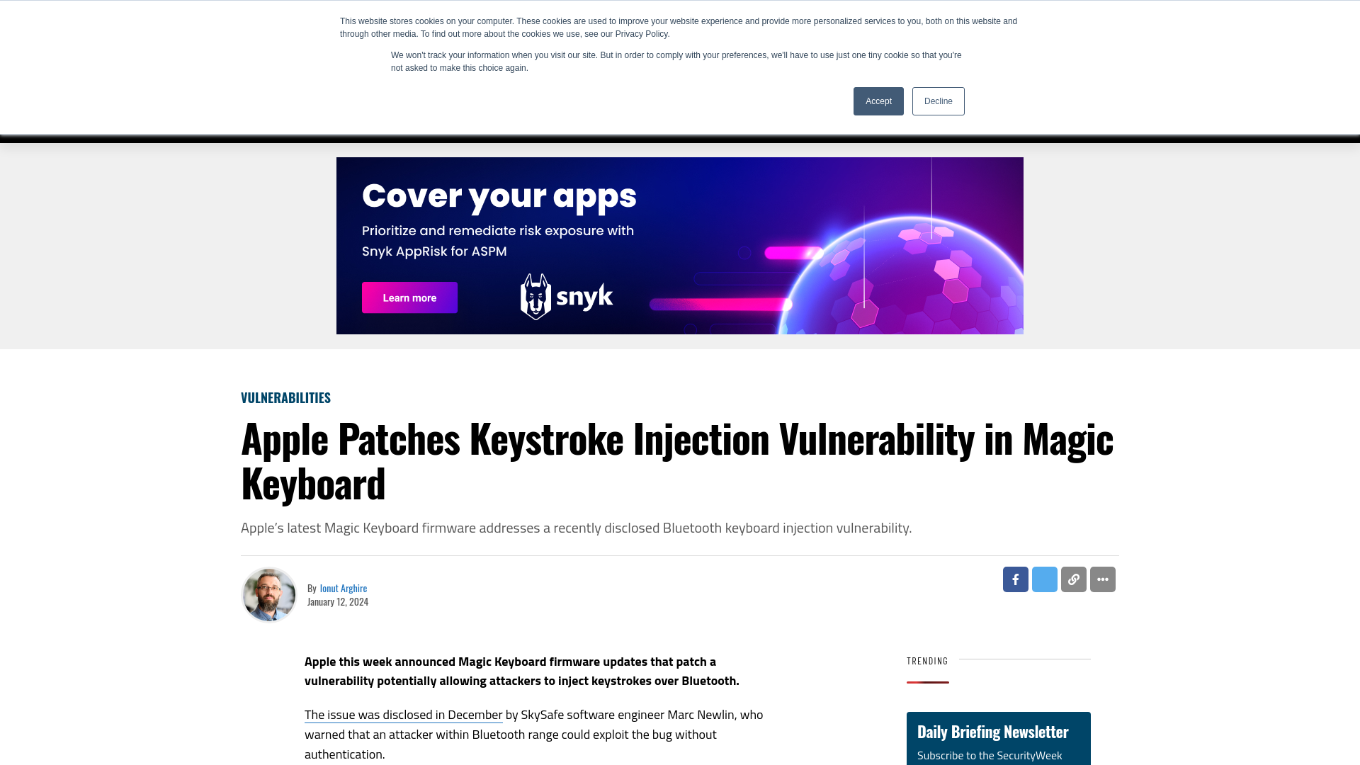 Apple Patches Keystroke Injection Vulnerability in Magic Keyboard - SecurityWeek