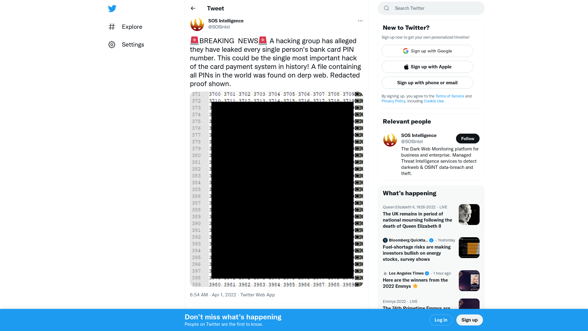 SOS Intelligence on Twitter: "🚨BREAKING NEWS🚨 A hacking group has alleged they have leaked every single person's bank card PIN number. This could be the single most important hack of the card payment system in history! A file containing all PINs in the world was found on derp web. Redacted proof shown. https://t.co/bERoLg2S05" / Twitter