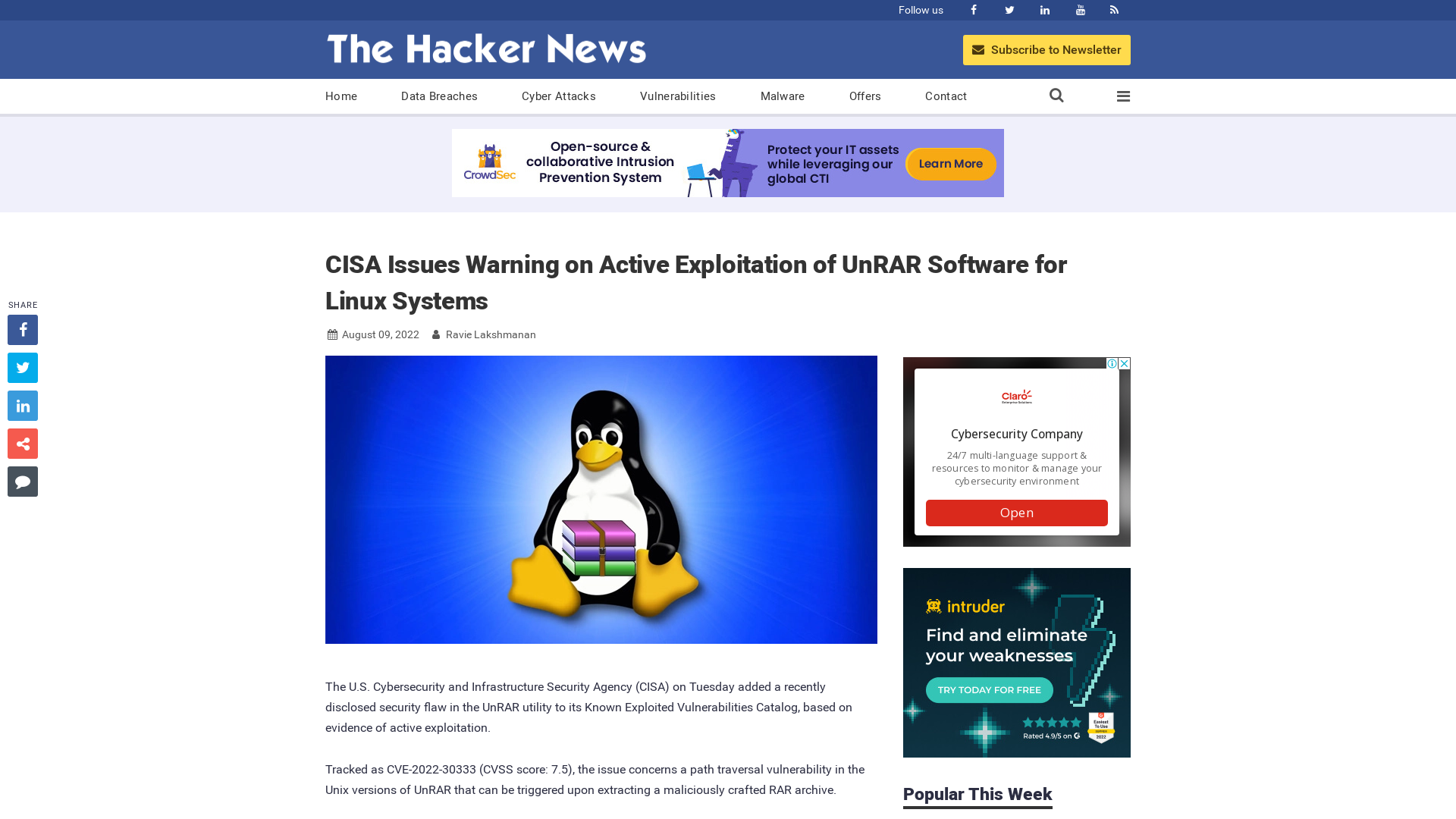 CISA Issues Warning on Active Exploitation of UnRAR Software for Linux Systems
