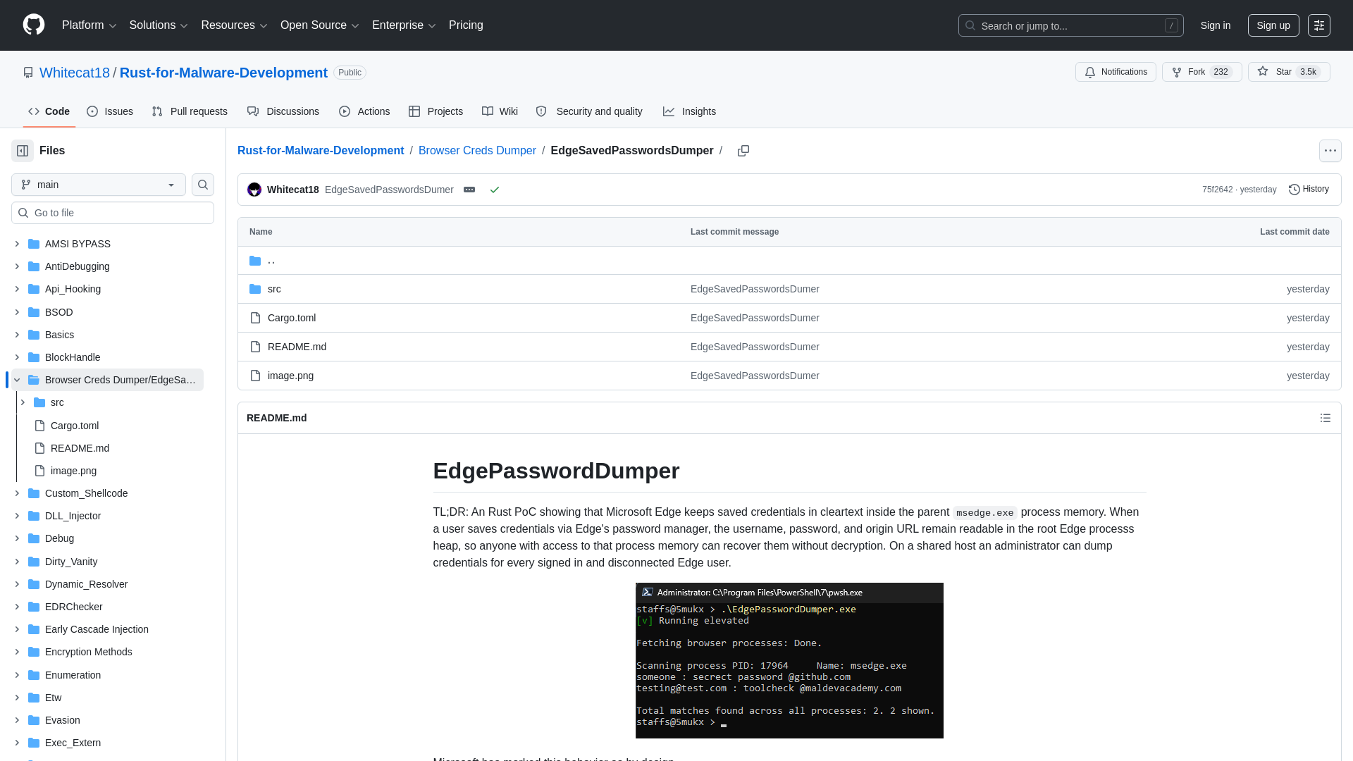 Rust-for-Malware-Development/Browser Creds Dumper/EdgeSavedPasswordsDumper at main · Whitecat18/Rust-for-Malware-Development · GitHub