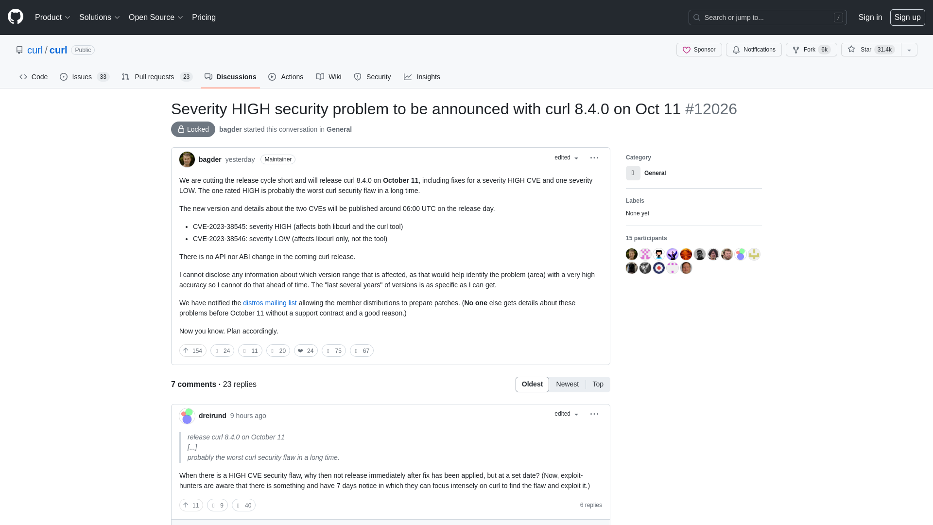 Severity HIGH security problem to be announced with curl 8.4.0 on Oct 11 · curl/curl · Discussion #12026 · GitHub