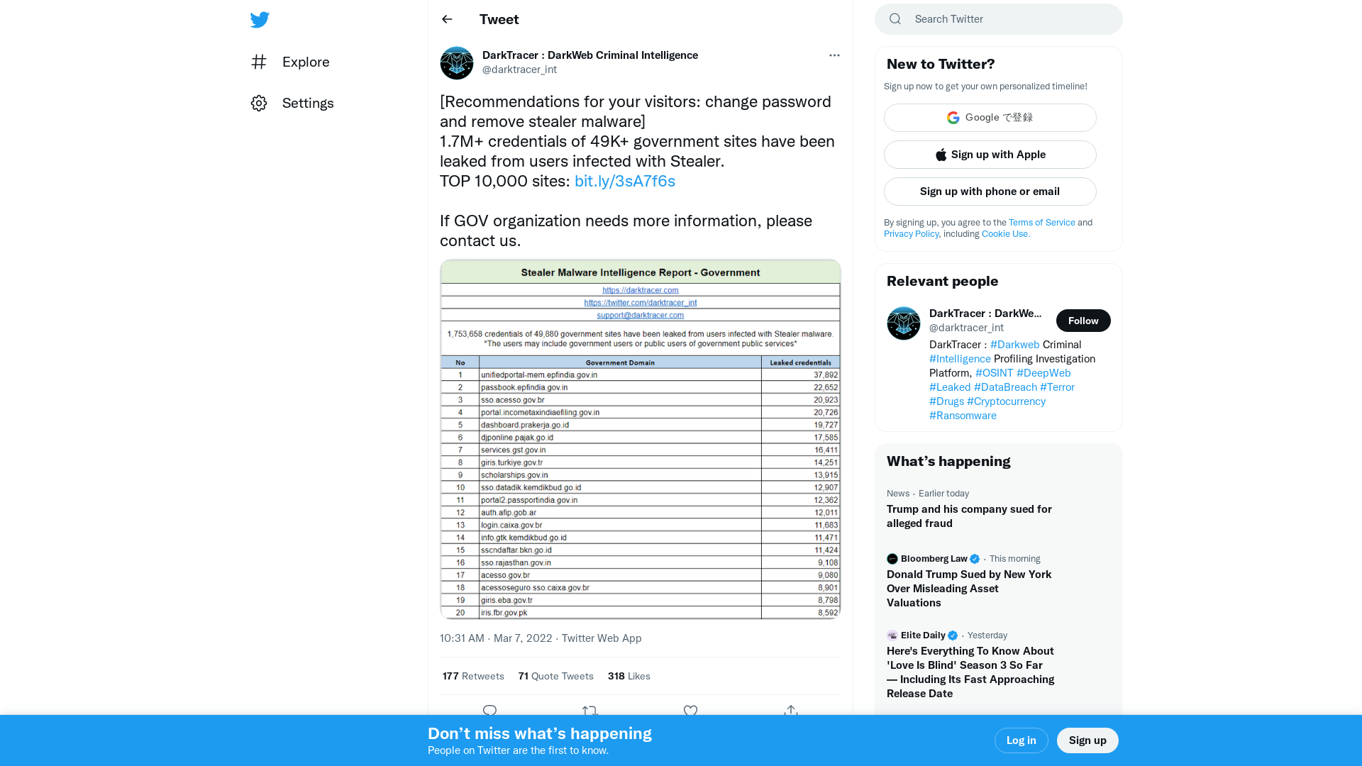DarkTracer : DarkWeb Criminal Intelligence on Twitter: "[Recommendations for your visitors: change password and remove stealer malware] 1.7M+ credentials of 49K+ government sites have been leaked from users infected with Stealer. TOP 10,000 sites: https://t.co/3yvhg8mtqg If GOV organization needs more information, please contact us. https://t.co/YBiCHm0jxN" / Twitter