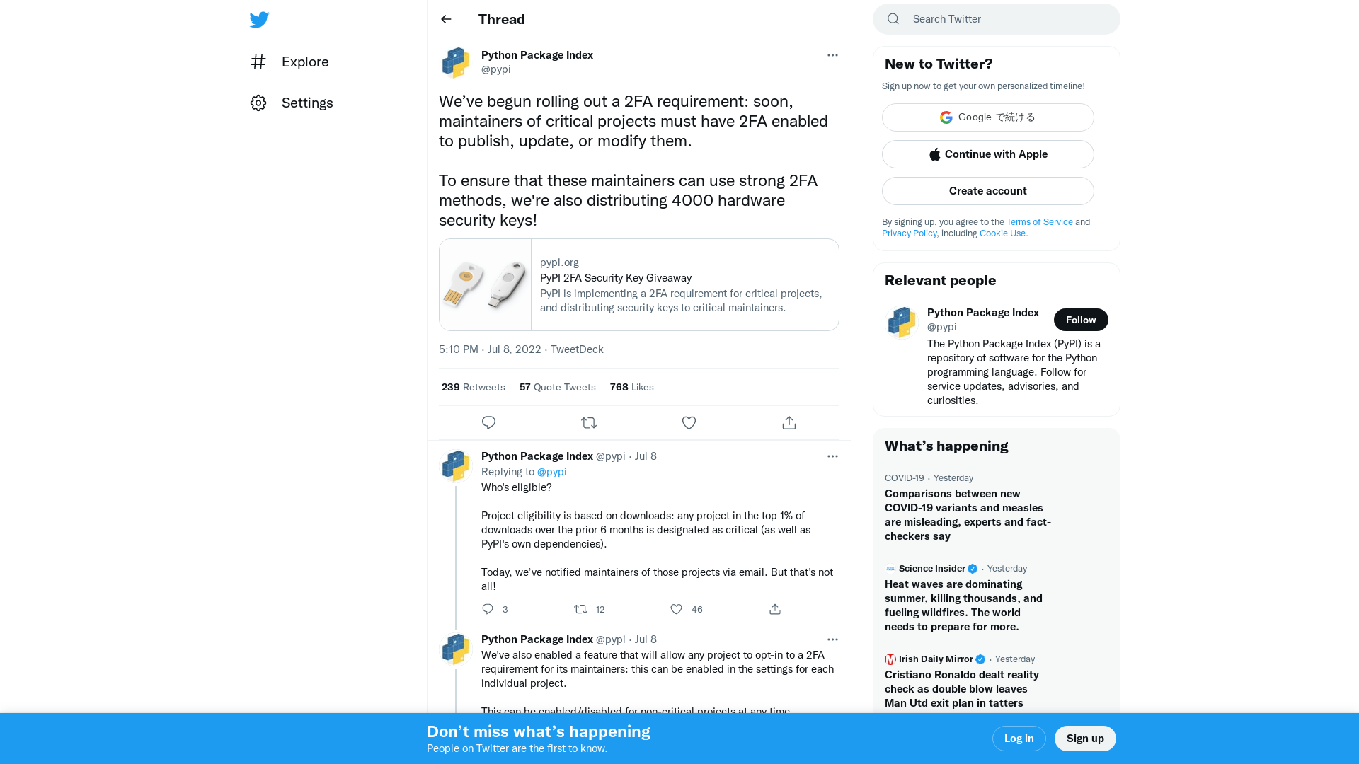Python Package Index on Twitter: "We’ve begun rolling out a 2FA requirement: soon, maintainers of critical projects must have 2FA enabled to publish, update, or modify them. To ensure that these maintainers can use strong 2FA methods, we're also distributing 4000 hardware security keys! https://t.co/gcCNWSqBcU" / Twitter