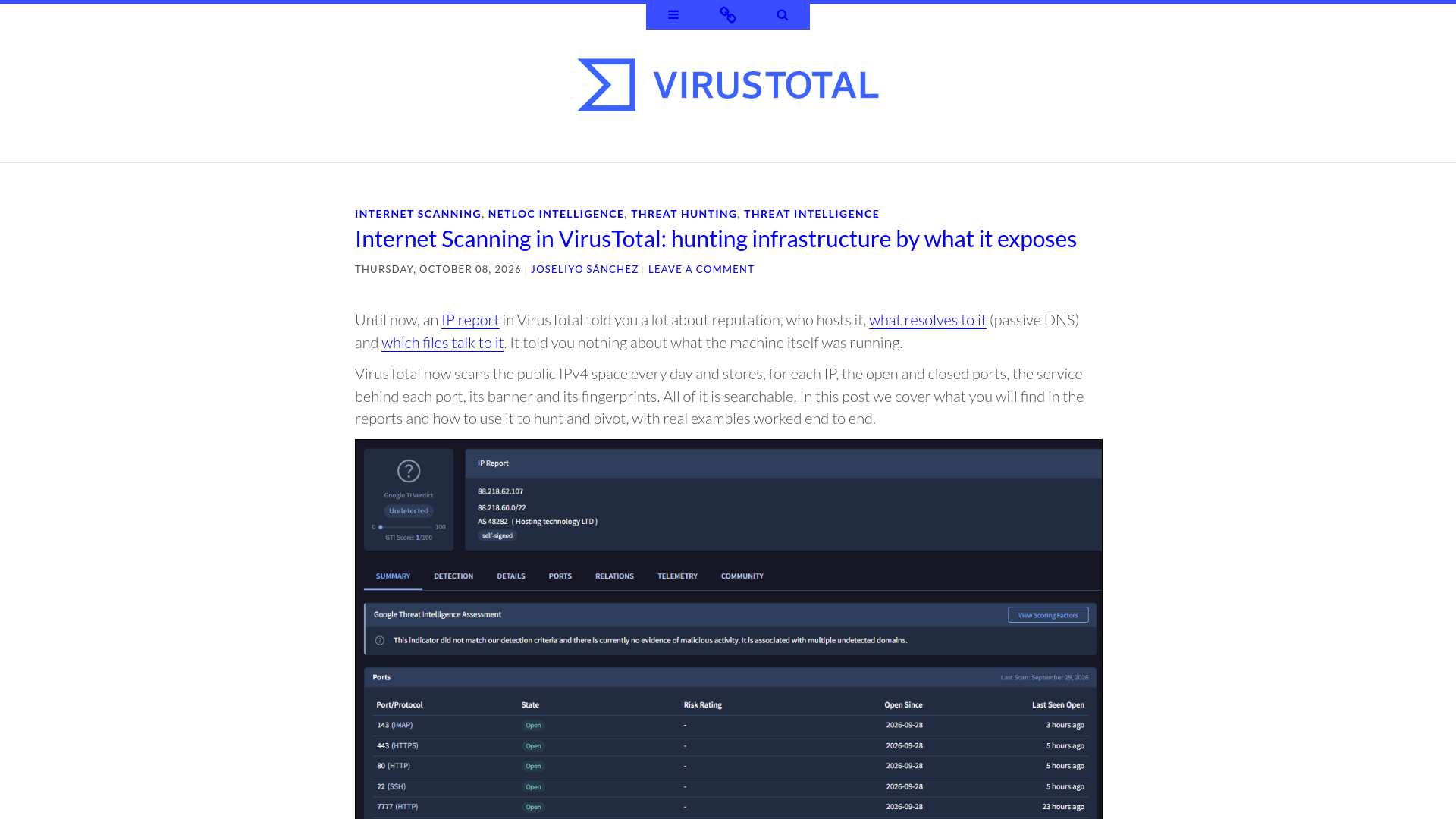 Internet Scanning in VirusTotal: hunting infrastructure by what it exposes ~ VirusTotal Blog