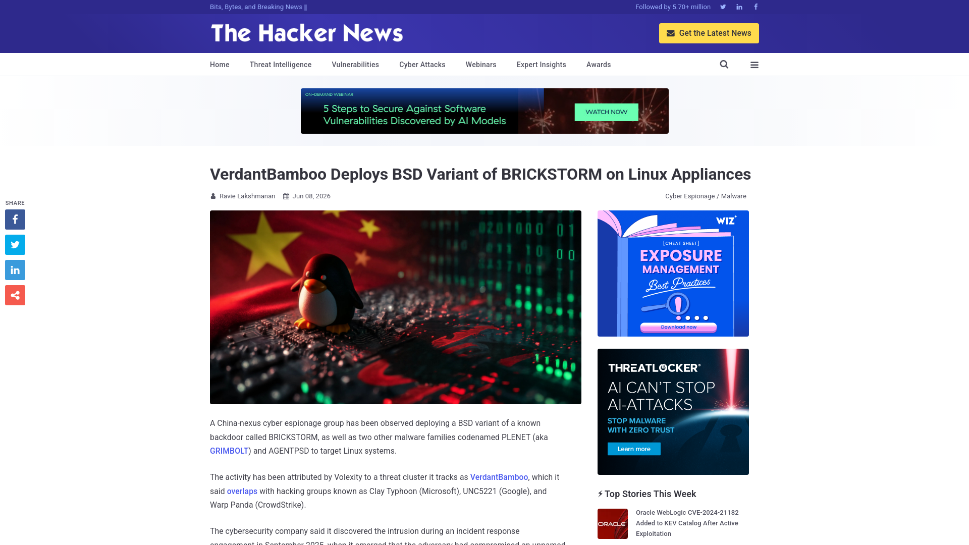 VerdantBamboo Deploys BSD Variant of BRICKSTORM on Linux Appliances