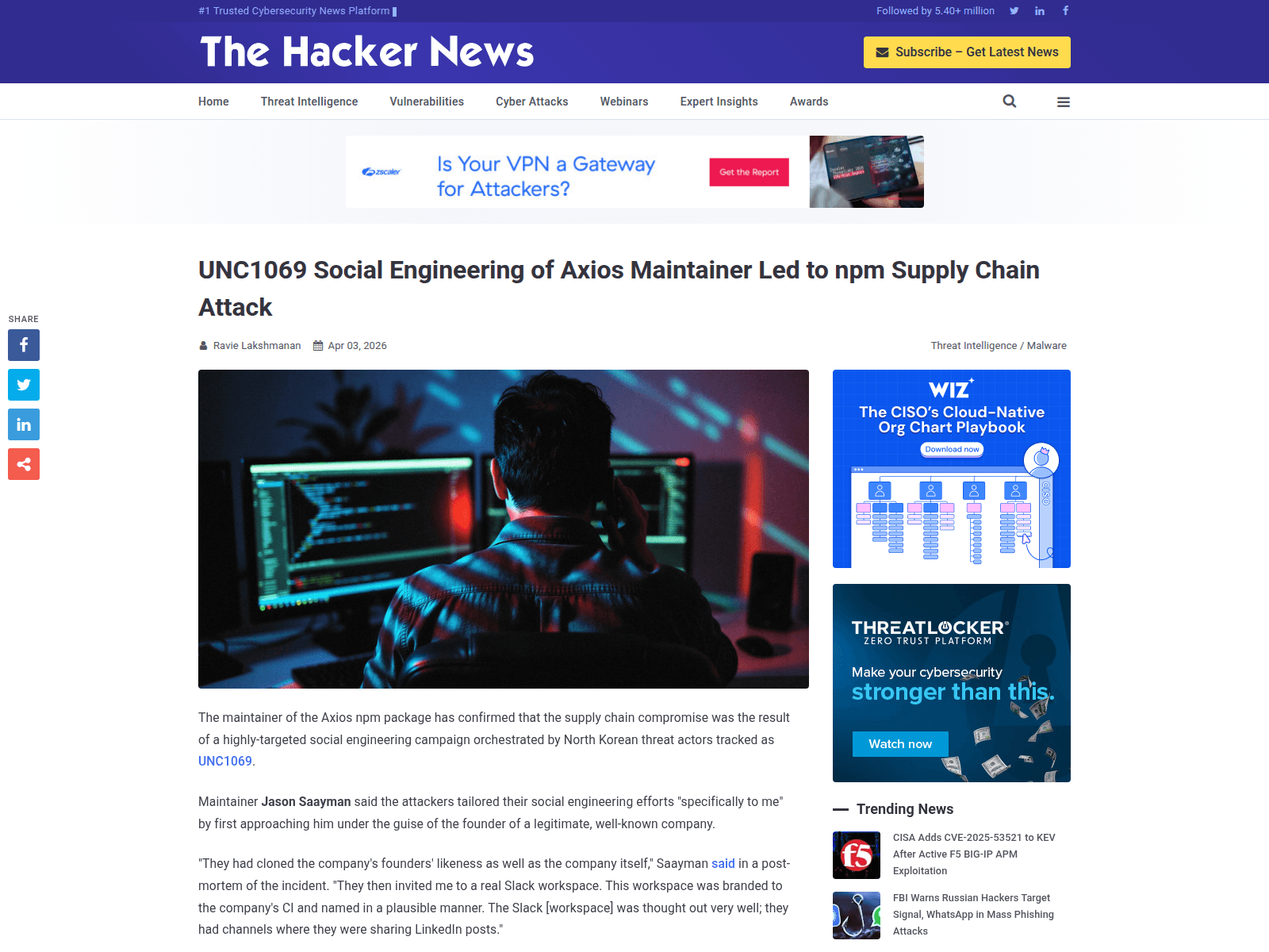 UNC1069 Social Engineering of Axios Maintainer Led to npm Supply Chain Attack