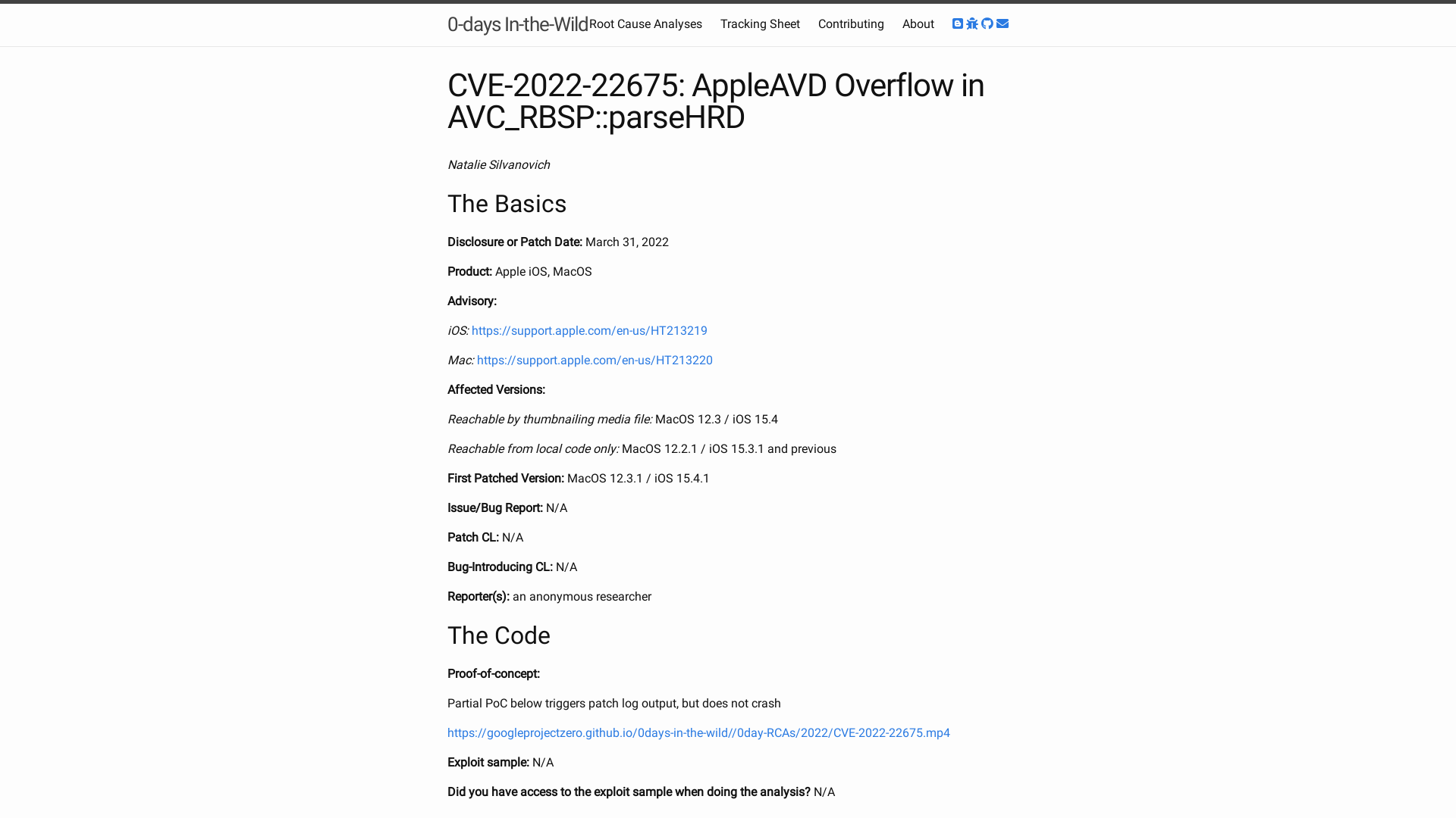 CVE-2022-22675: AppleAVD Overflow in AVC_RBSP::parseHRD | 0-days In-the-Wild