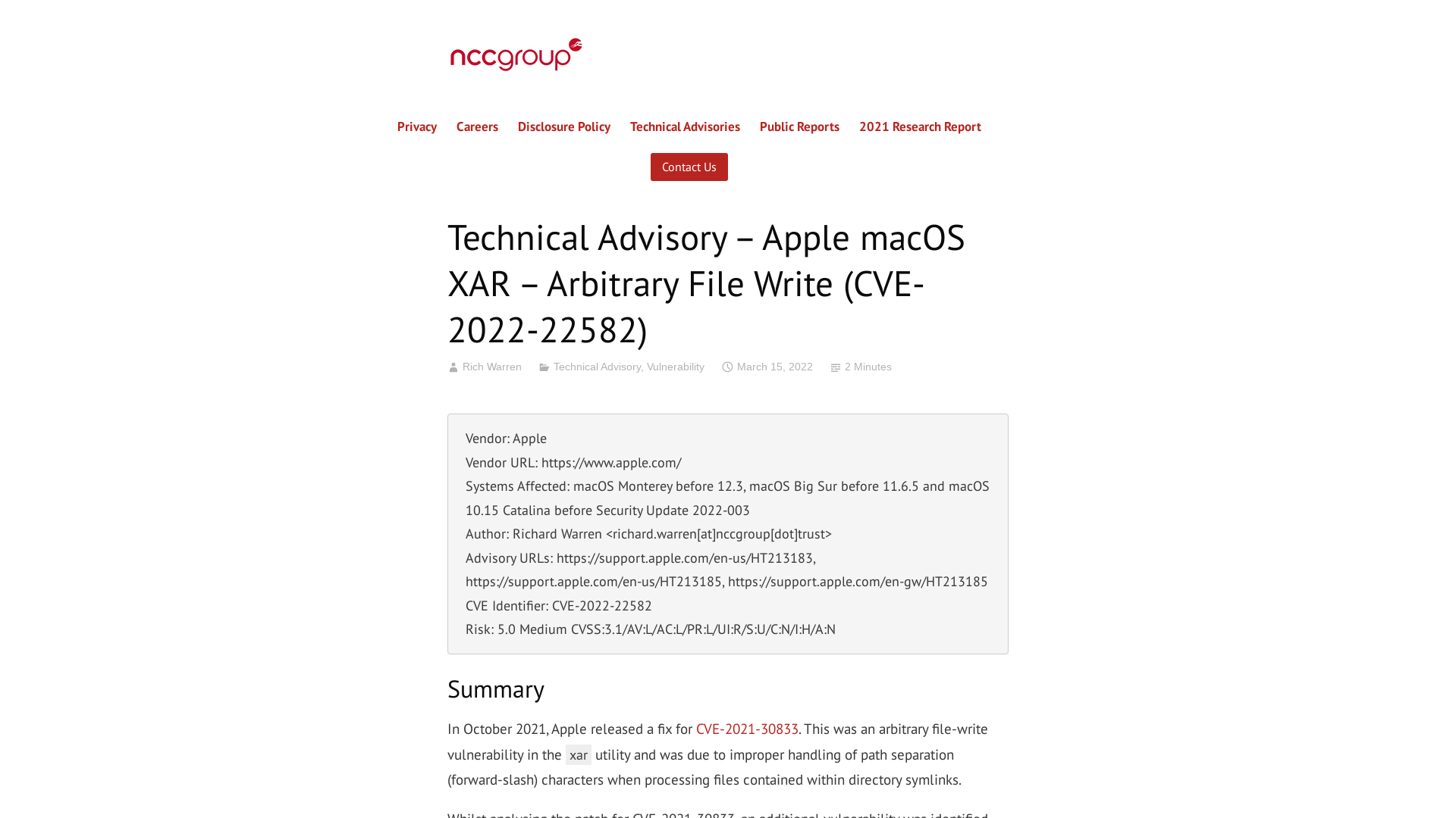 Technical Advisory – Apple macOS XAR – Arbitrary File Write (CVE-2022-22582) – NCC Group Research