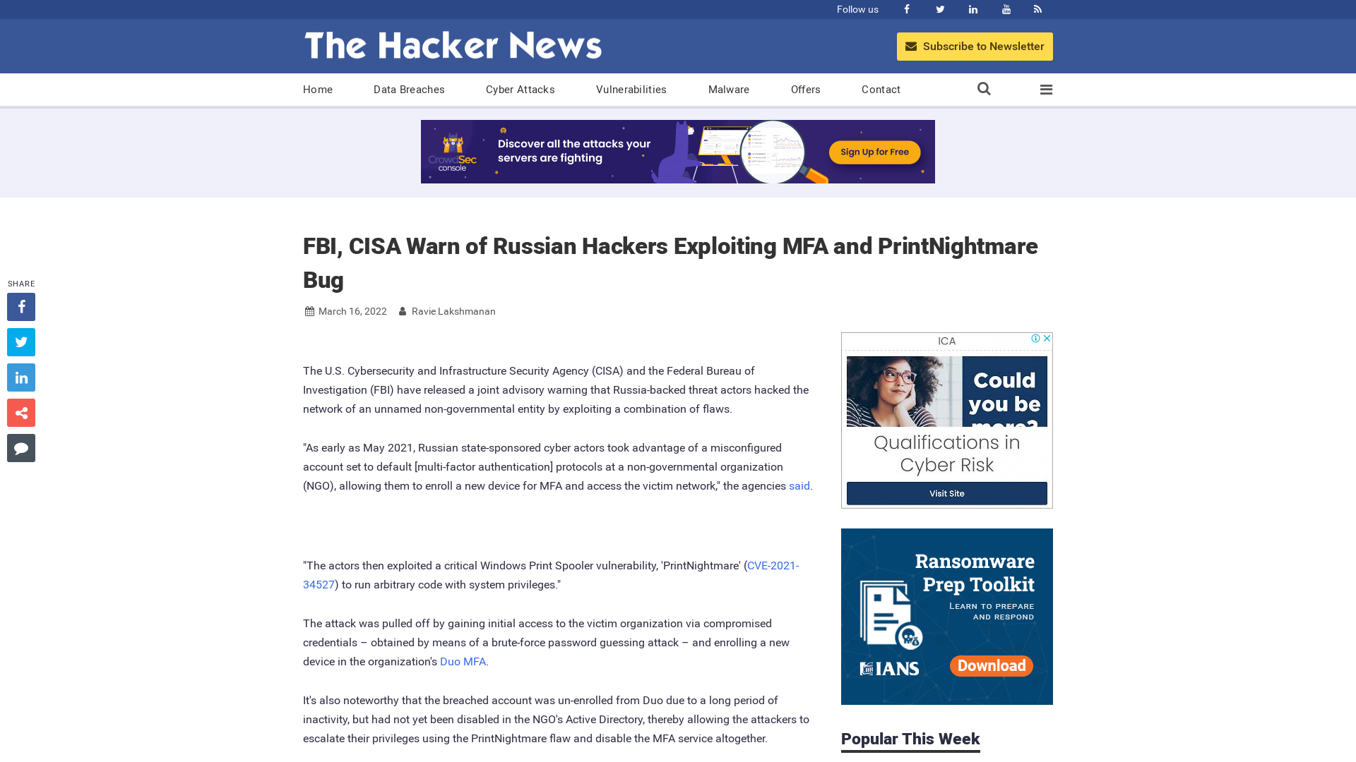 FBI, CISA Warn of Russian Hackers Exploiting MFA and PrintNightmare Bug