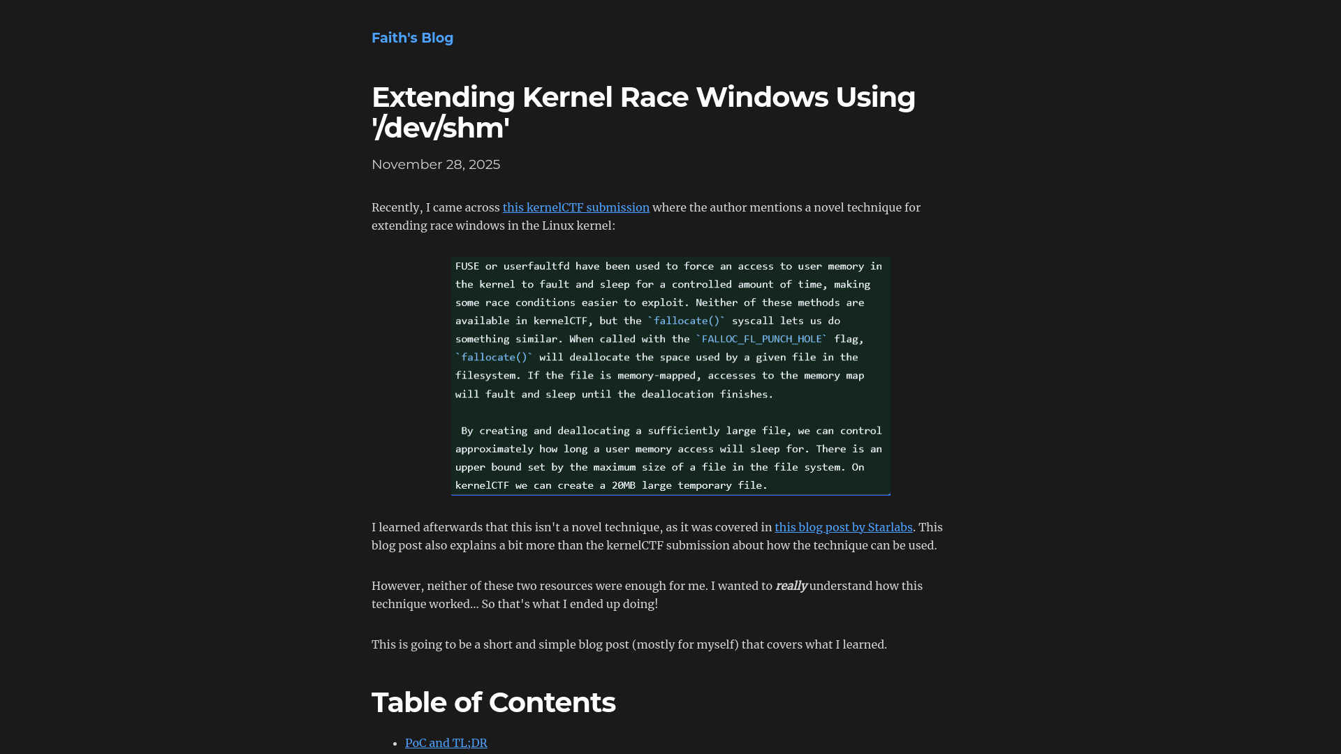 Extending Kernel Race Windows Using '/dev/shm' | Faith's Blog