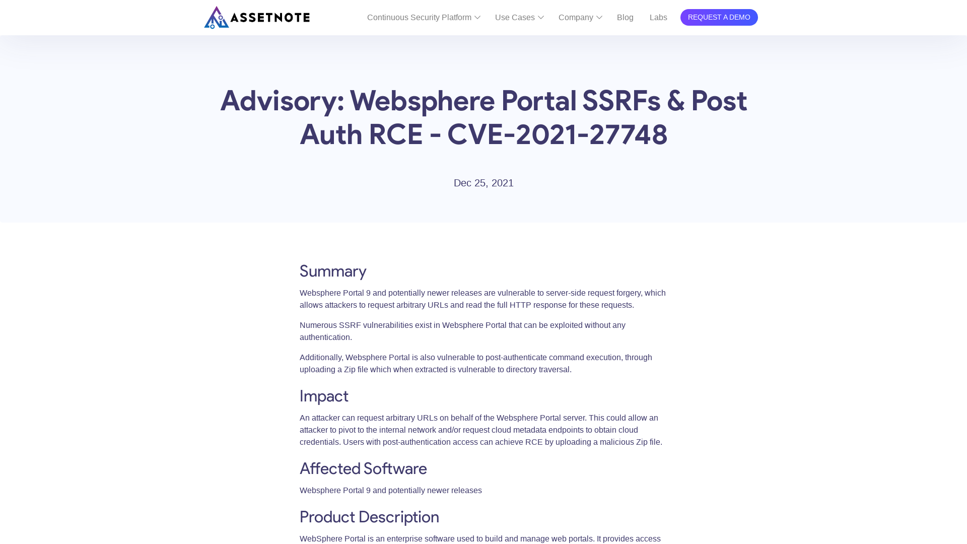 Advisory: Websphere Portal SSRFs & Post Auth RCE - CVE-2021-27748 – Assetnote