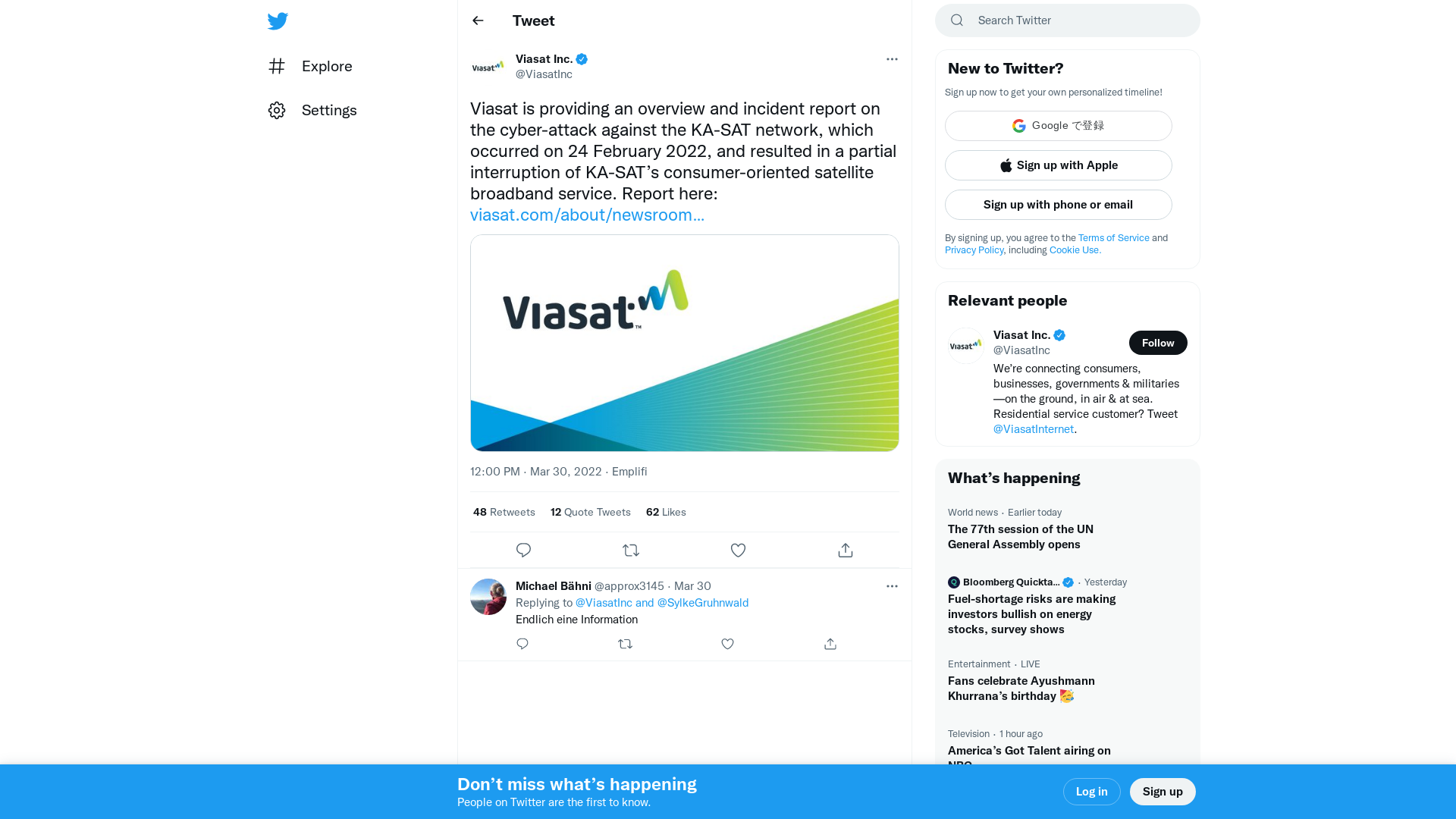 Viasat Inc. on Twitter: "Viasat is providing an overview and incident report on the cyber-attack against the KA-SAT network, which occurred on 24 February 2022, and resulted in a partial interruption of KA-SAT’s consumer-oriented satellite broadband service. Report here: https://t.co/FsiHl9Z7rG https://t.co/s4vYKIgbTd" / Twitter
