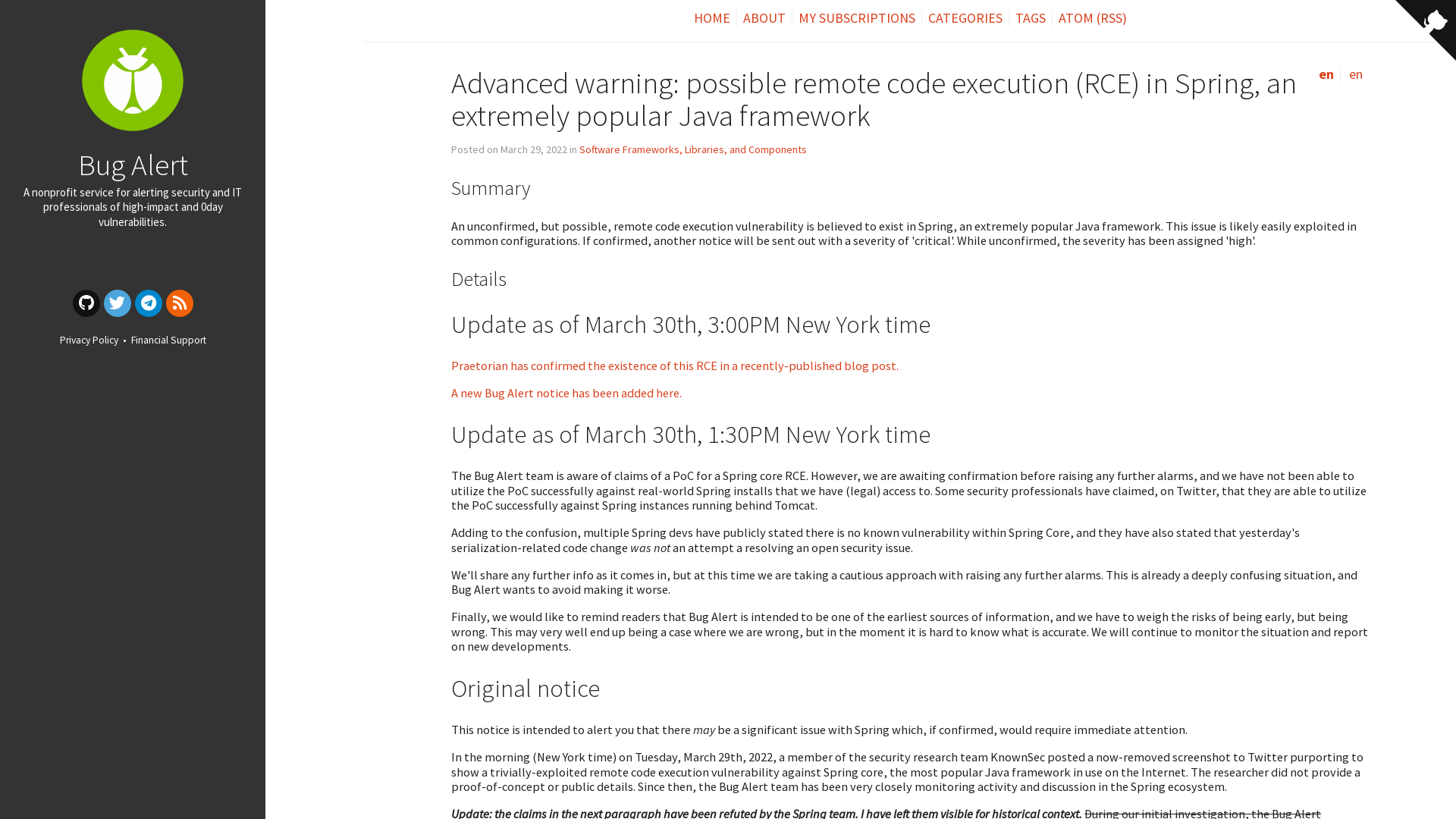 Bug Alert – Advanced warning: possible remote code execution (RCE) in Spring, an extremely popular Java framework