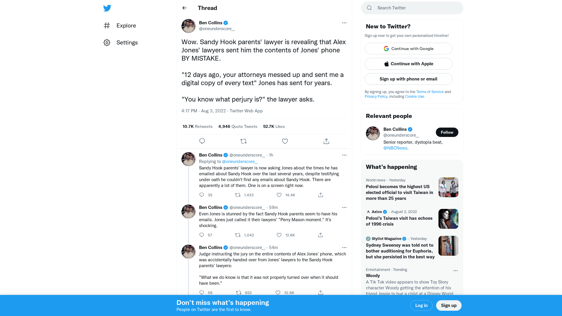 Ben Collins on Twitter: "Wow. Sandy Hook parents' lawyer is revealing that Alex Jones' lawyers sent him the contents of Jones' phone BY MISTAKE. "12 days ago, your attorneys messed up and sent me a digital copy of every text" Jones has sent for years. "You know what perjury is?" the lawyer asks." / Twitter