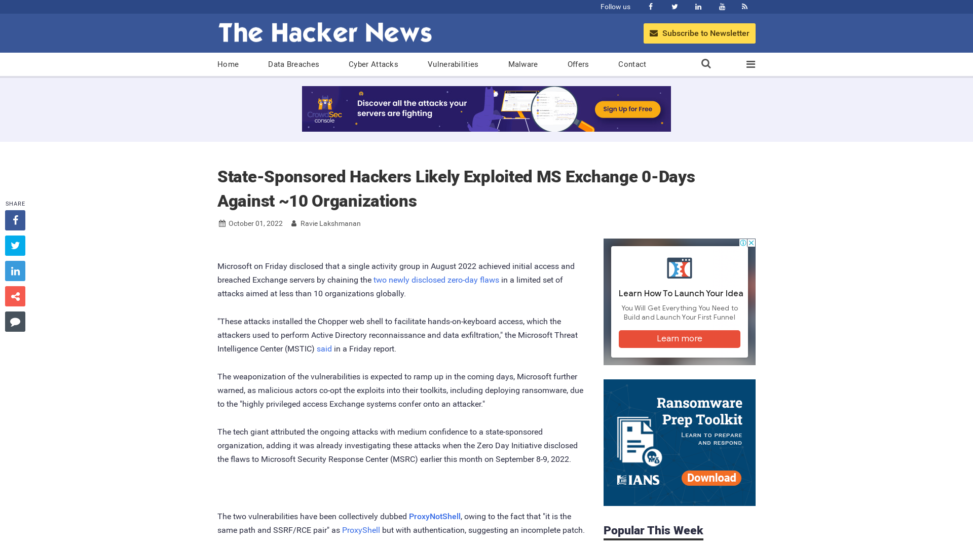 State-Sponsored Hackers Likely Exploited MS Exchange 0-Days Against ~10 Organizations