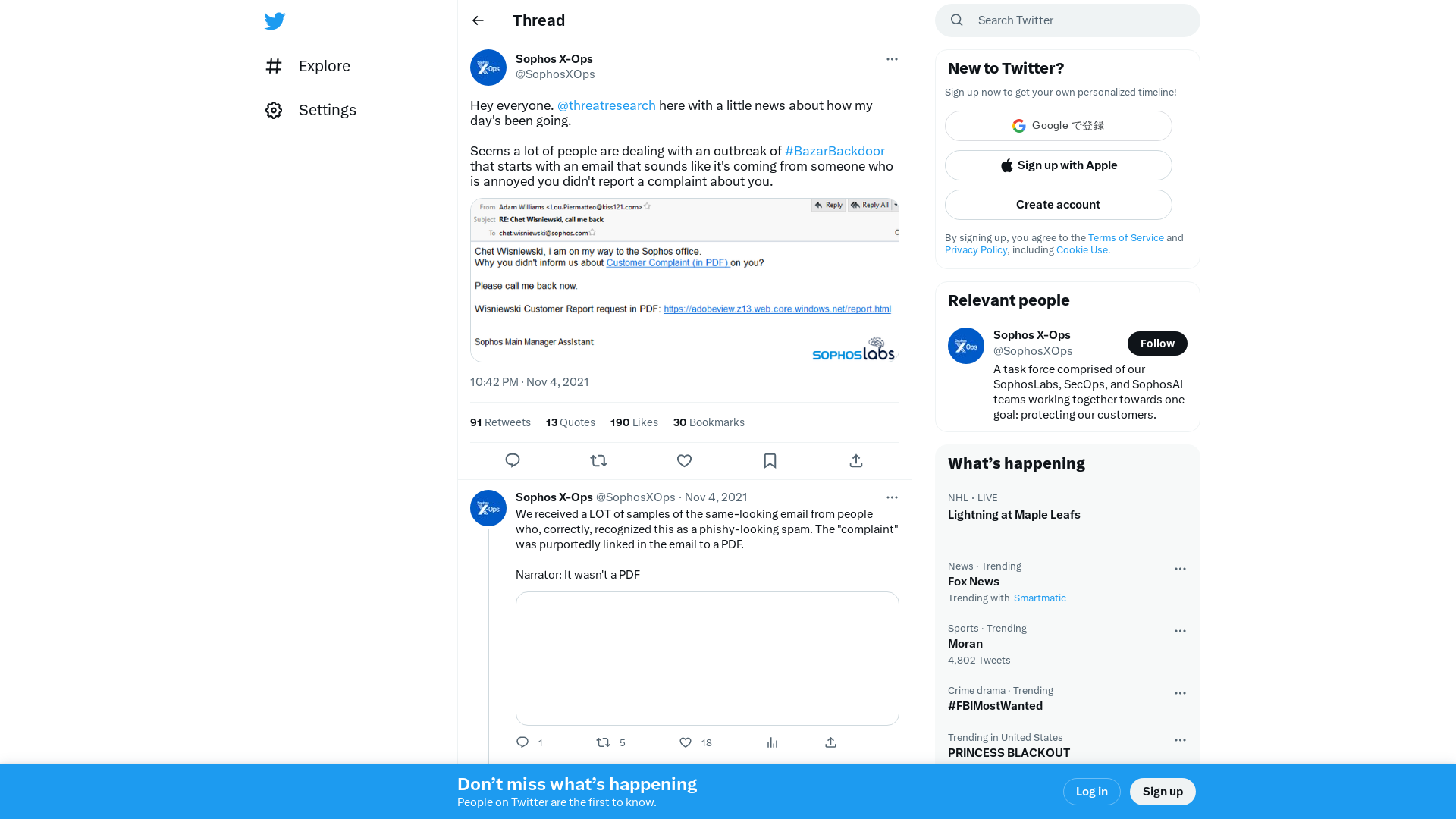 Sophos X-Ops on Twitter: "Hey everyone. @threatresearch here with a little news about how my day's been going. Seems a lot of people are dealing with an outbreak of #BazarBackdoor that starts with an email that sounds like it's coming from someone who is annoyed you didn't report a complaint about you. https://t.co/EYrQHBAiXO" / Twitter
