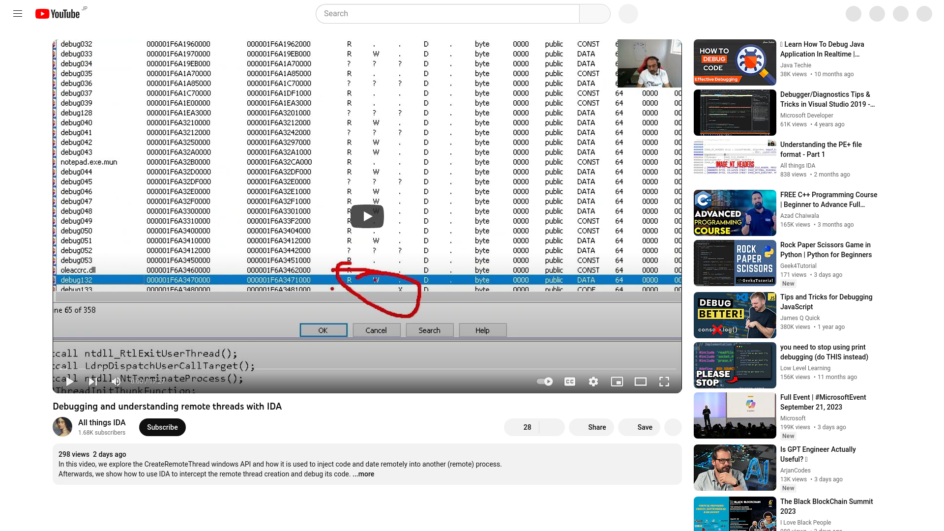 Debugging and understanding remote threads with IDA - YouTube