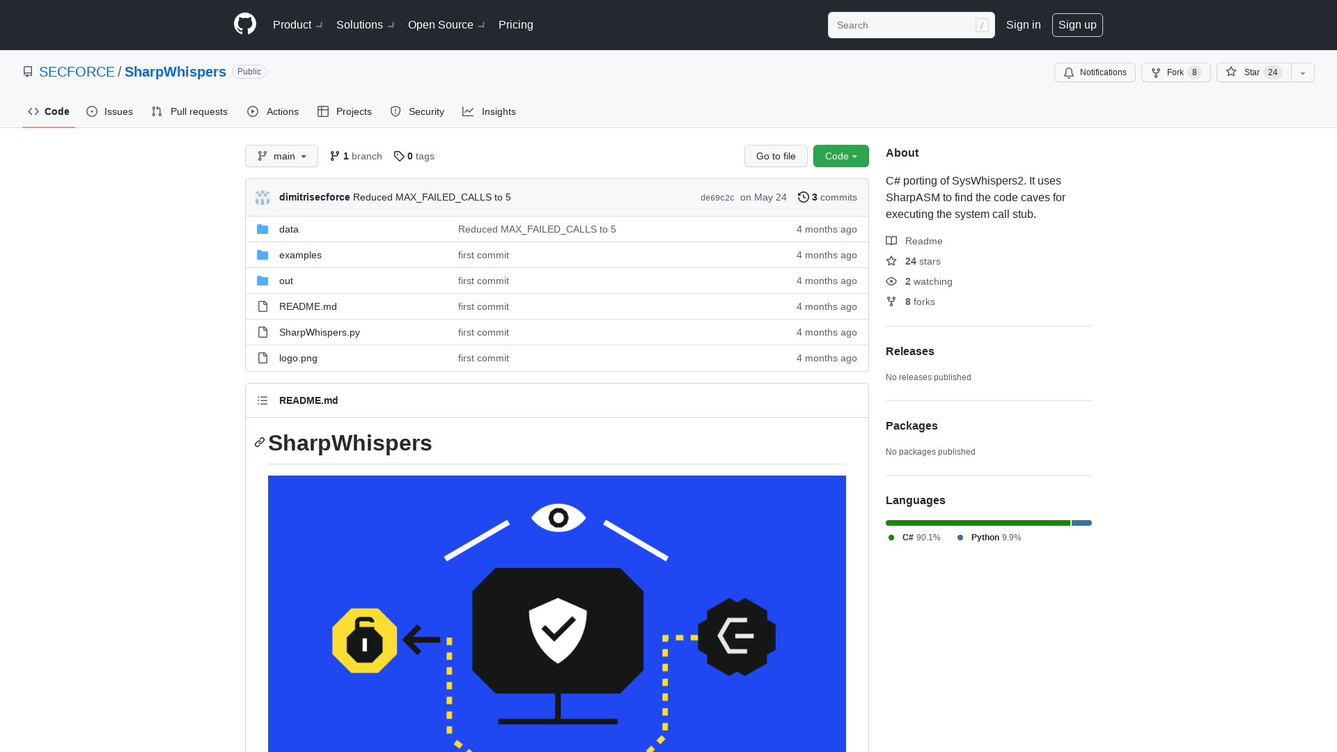GitHub - SECFORCE/SharpWhispers: C# porting of SysWhispers2. It uses SharpASM to find the code caves for executing the system call stub.