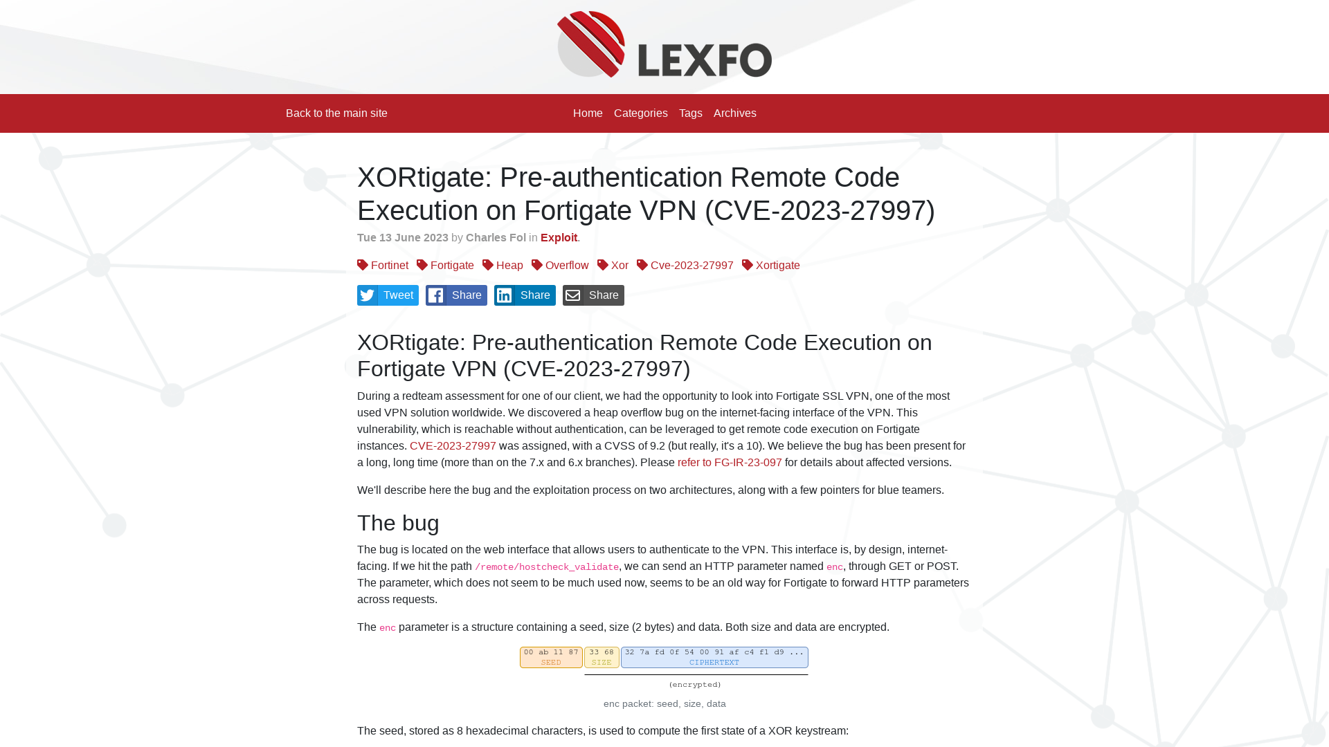 Lexfo's security blog - XORtigate: Pre-authentication Remote Code Execution on Fortigate VPN (CVE-2023-27997)