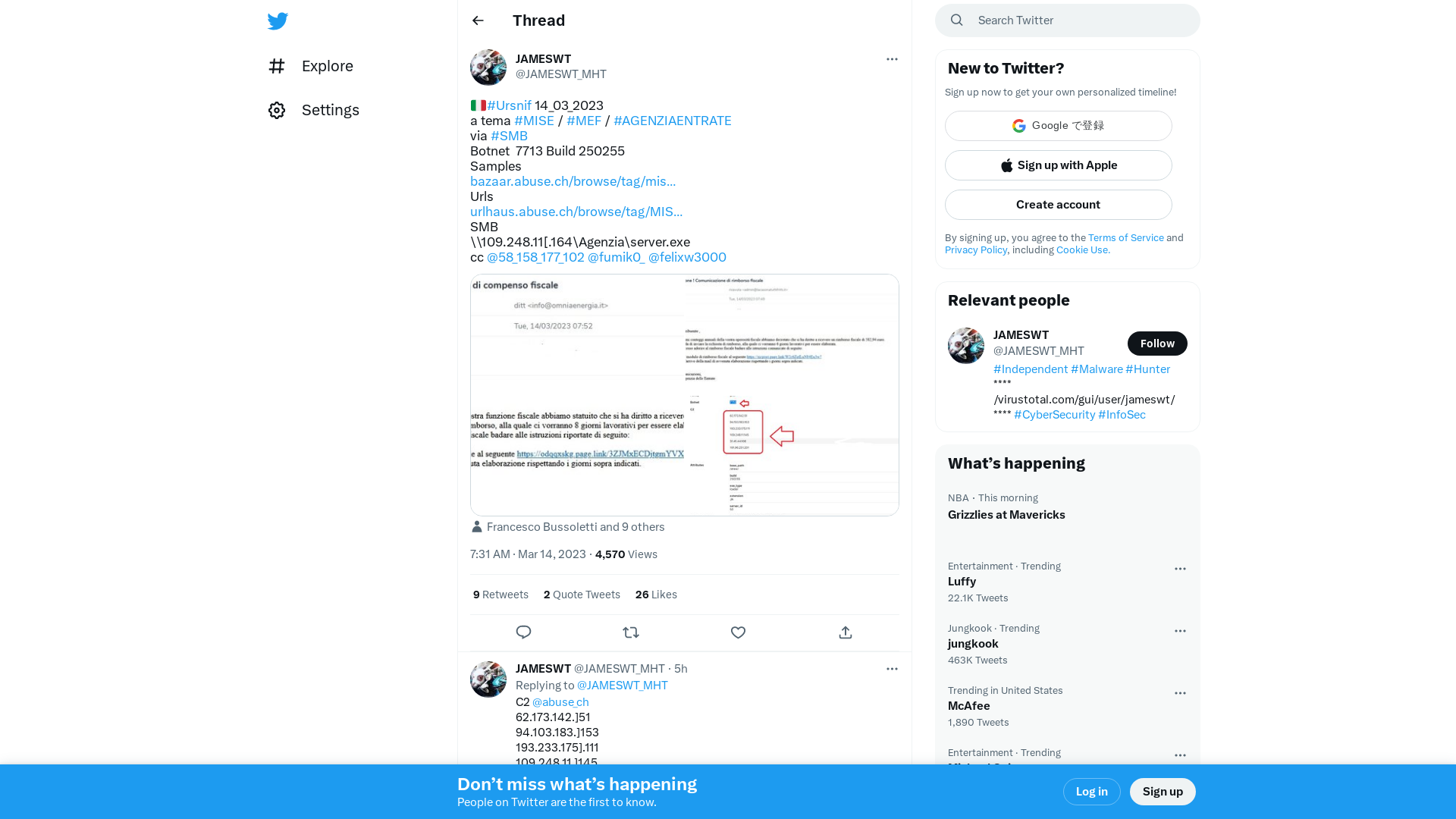 JAMESWT on Twitter: "🇮🇹#Ursnif 14_03_2023 a tema #MISE / #MEF / #AGENZIAENTRATE via #SMB Botnet 7713 Build 250255 Samples https://t.co/XykFf7hZxE Urls https://t.co/avqJTkFNX9 SMB \\109.248.11[.164\Agenzia\server.exe cc @58_158_177_102 @fumik0_ @felixw3000 https://t.co/AiRxAD4hTX" / Twitter