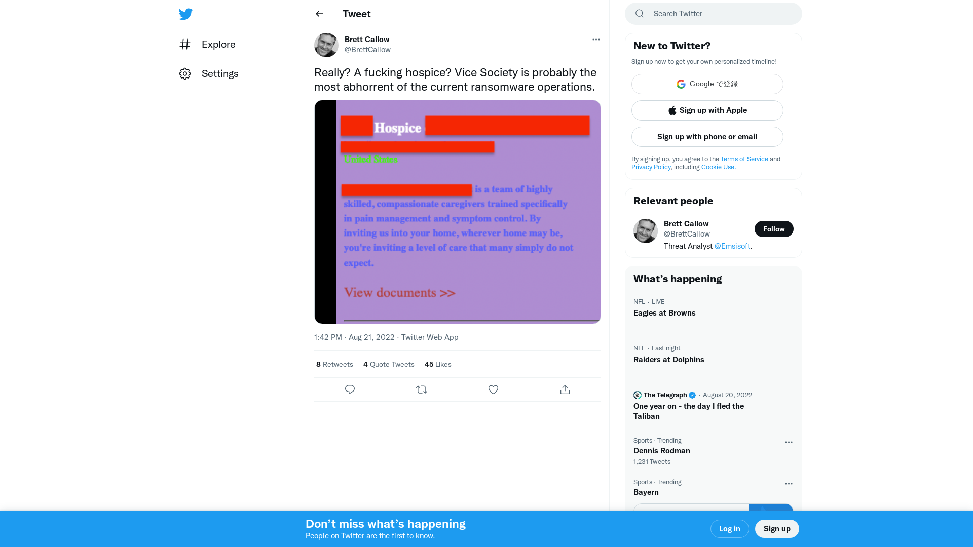 Brett Callow on Twitter: "Really? A fucking hospice? Vice Society is probably the most abhorrent of the current ransomware operations. https://t.co/jCvsX3B7YB" / Twitter