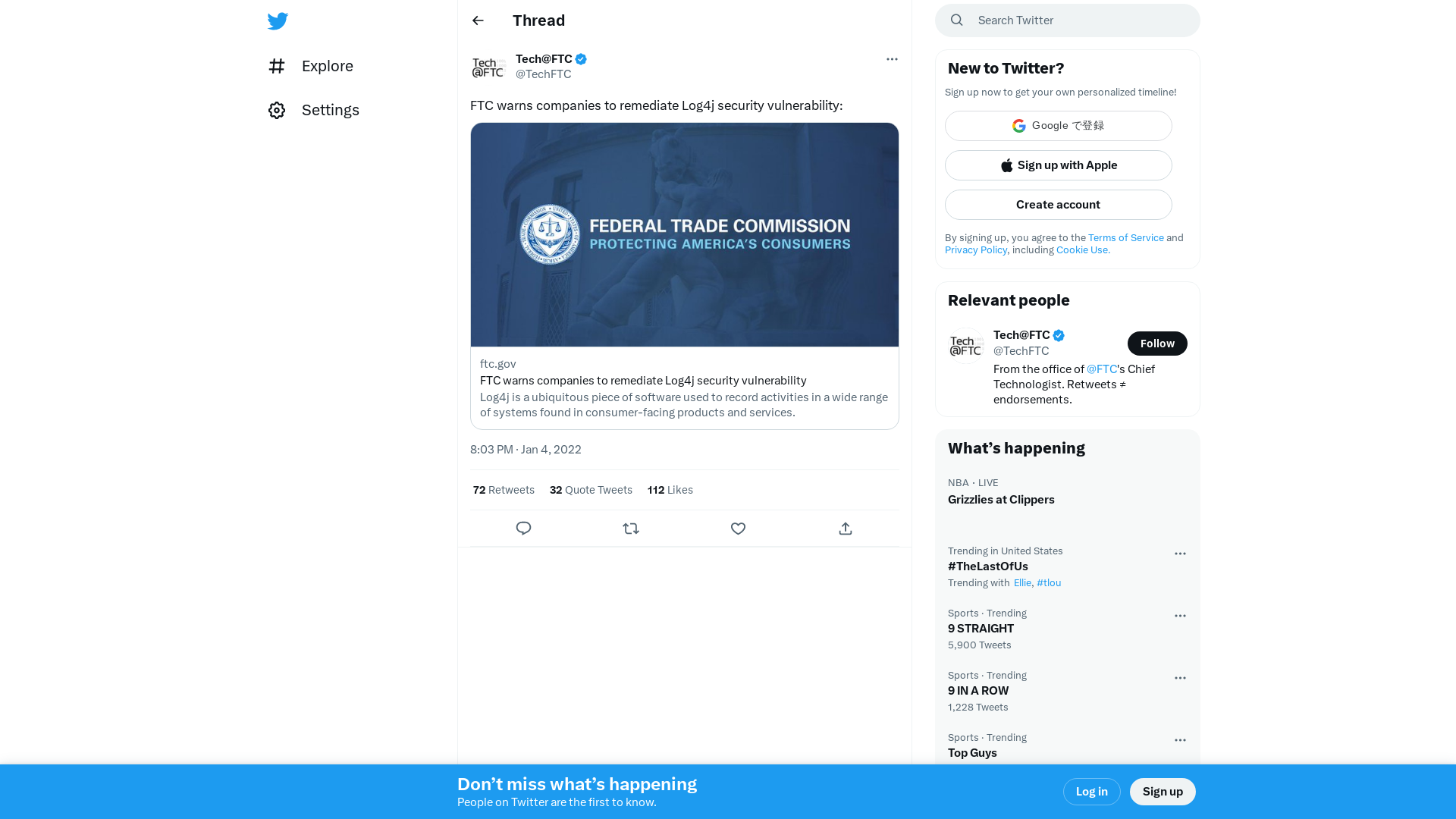 Tech@FTC on Twitter: "FTC warns companies to remediate Log4j security vulnerability: https://t.co/zKinPUJd0G" / Twitter
