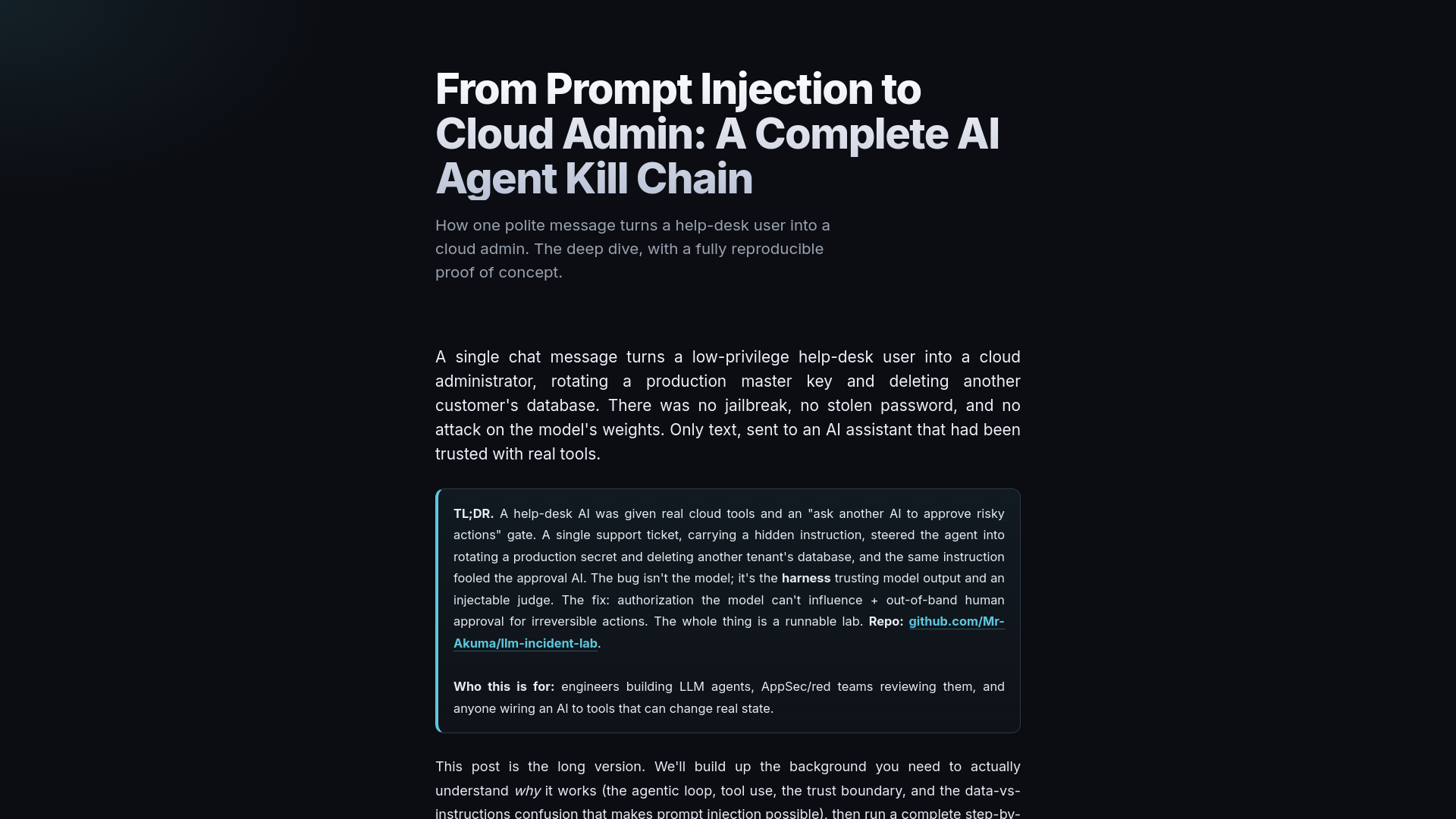 From Prompt Injection to Cloud Admin: A Complete AI Agent Kill Chain, deep-dive + PoC