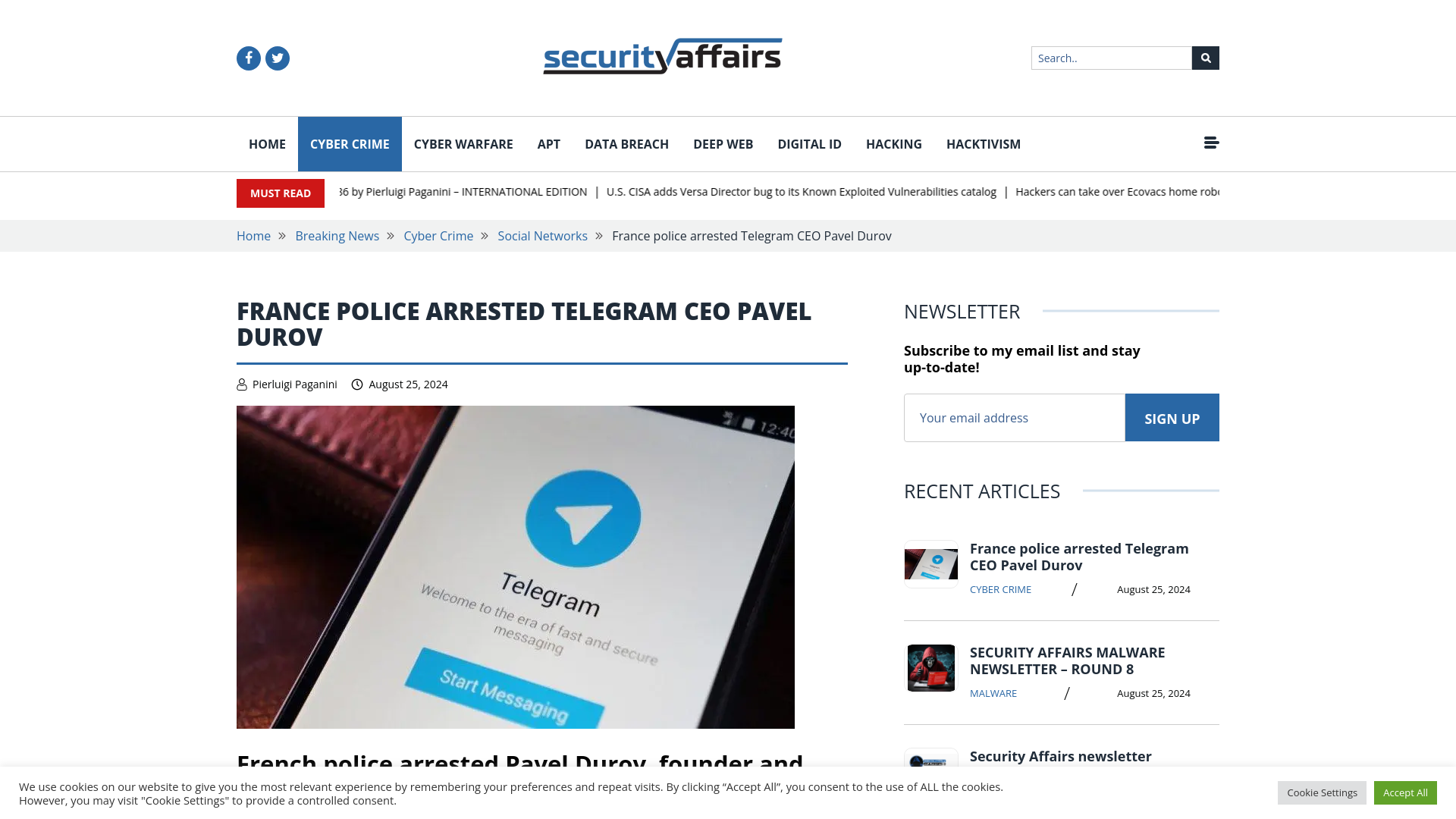 France police arrested Telegram CEO Pavel Durov