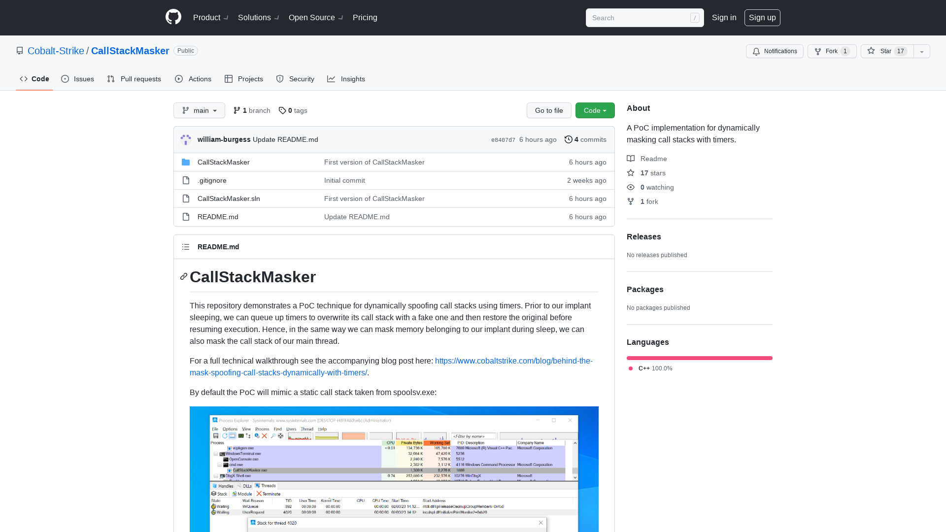 GitHub - Cobalt-Strike/CallStackMasker: A PoC implementation for dynamically masking call stacks with timers.