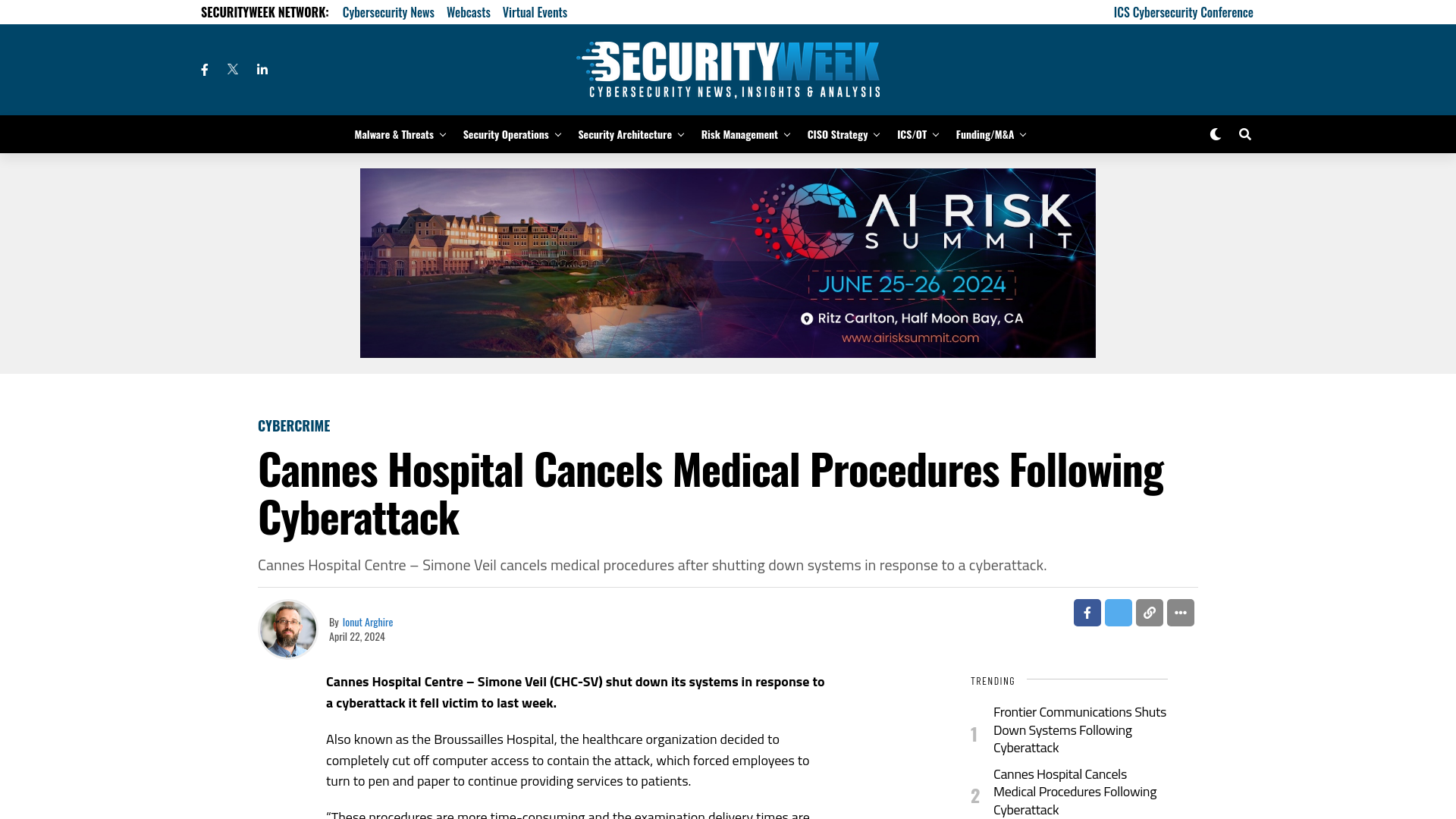 Cannes Hospital Cancels Medical Procedures Following Cyberattack - SecurityWeek