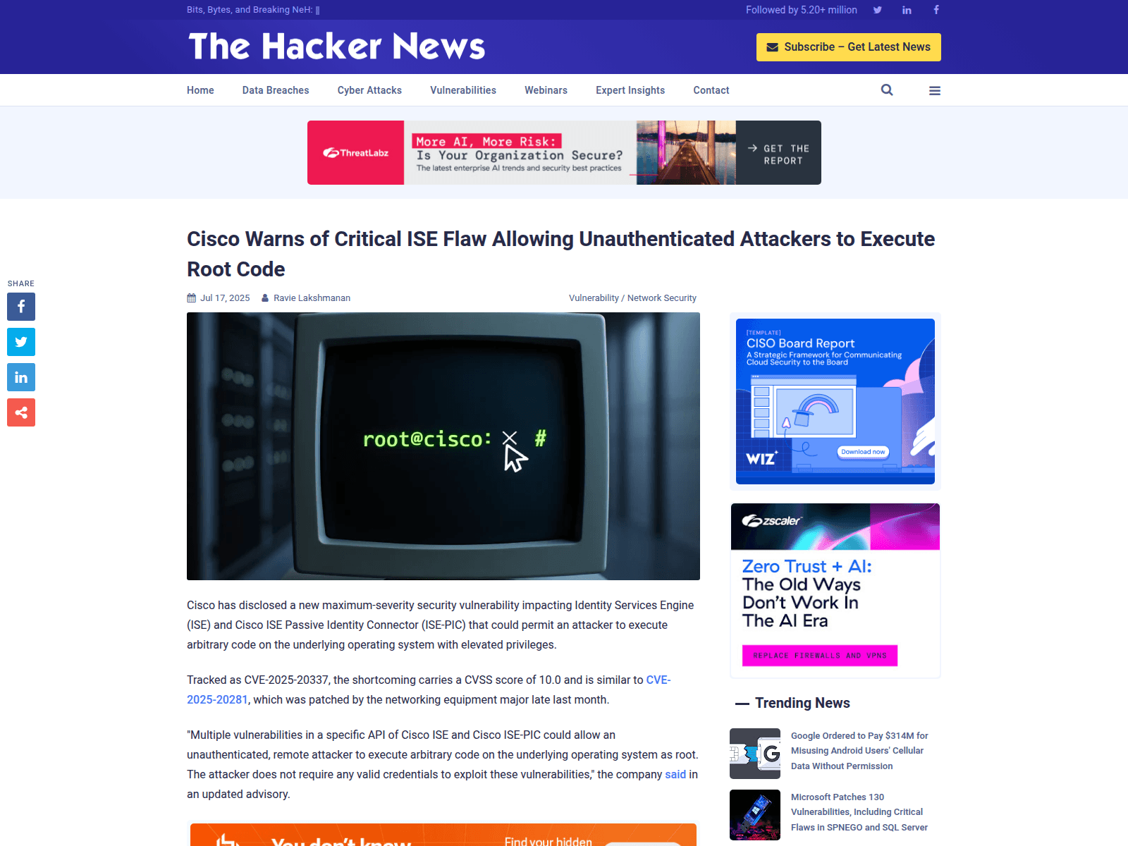 Cisco Warns of Critical ISE Flaw Allowing Unauthenticated Attackers to Execute Root Code