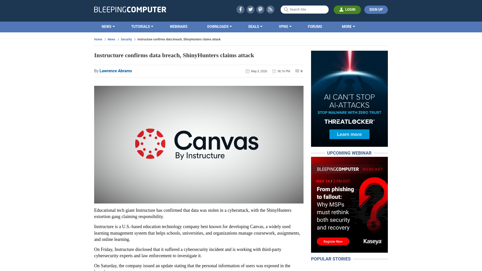 Instructure confirms data breach, ShinyHunters claims attack
