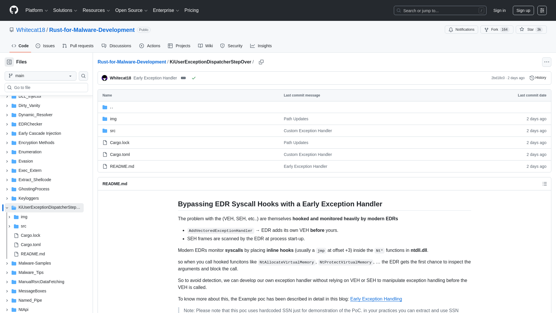 Rust-for-Malware-Development/KiUserExceptionDispatcherStepOver at main · Whitecat18/Rust-for-Malware-Development · GitHub