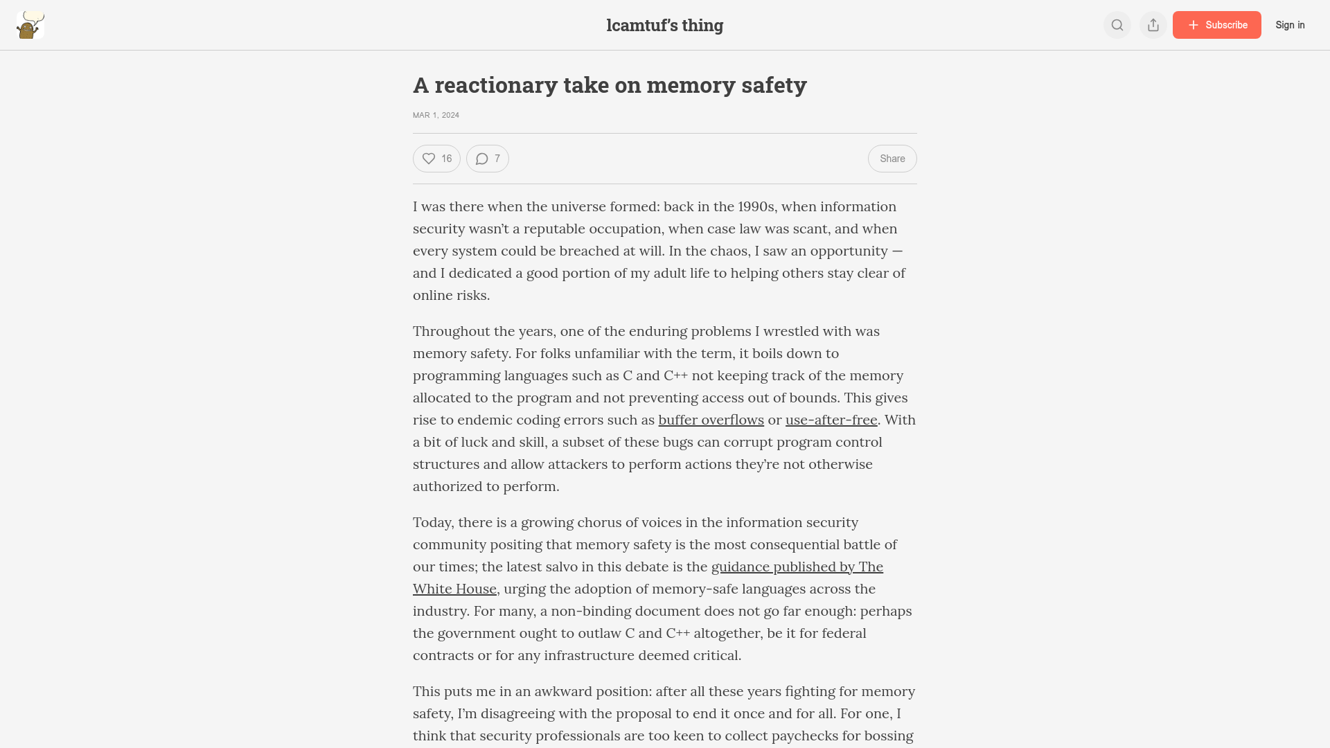 A reactionary take on memory safety - lcamtuf’s thing