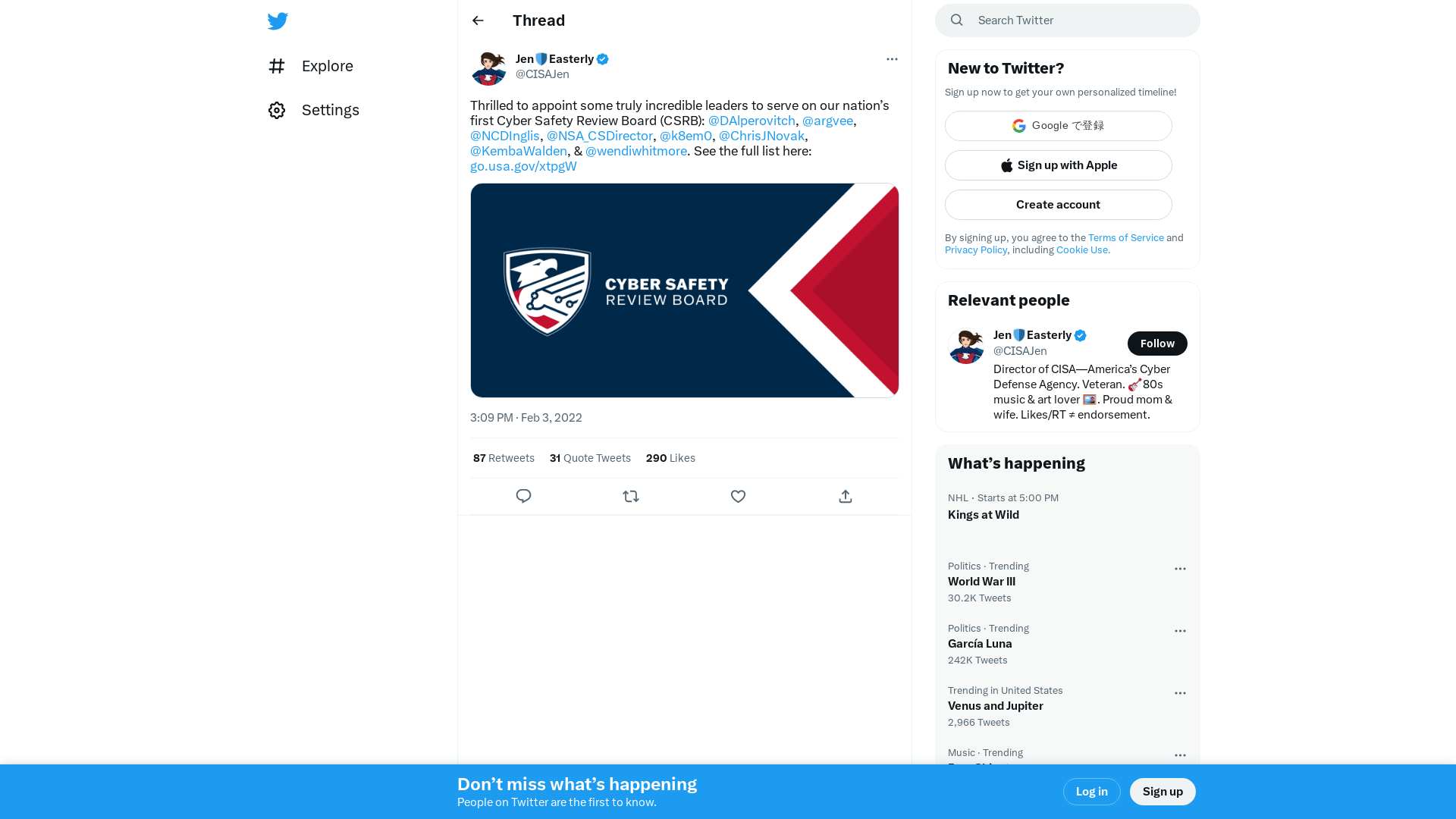 Jen🛡Easterly on Twitter: "Thrilled to appoint some truly incredible leaders to serve on our nation’s first Cyber Safety Review Board (CSRB): @DAlperovitch, @argvee, @NCDInglis, @NSA_CSDirector, @k8em0, @ChrisJNovak, @KembaWalden, &amp; @wendiwhitmore. See the full list here: https://t.co/Lv6MxGcw5s https://t.co/OqujyUEPFG" / Twitter