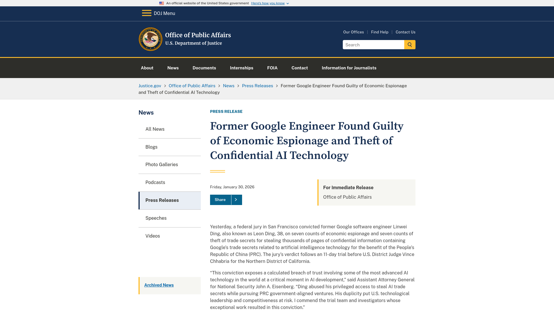 Office of Public Affairs | Former Google Engineer Found Guilty of Economic Espionage and Theft of Confidential AI Technology | United States Department of Justice