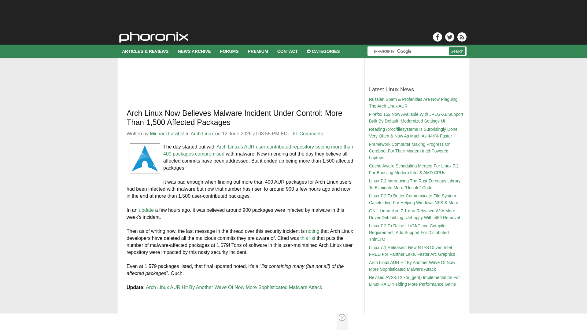 Arch Linux Now Believes Malware Incident Under Control: More Than 1,500 Affected Packages - Phoronix