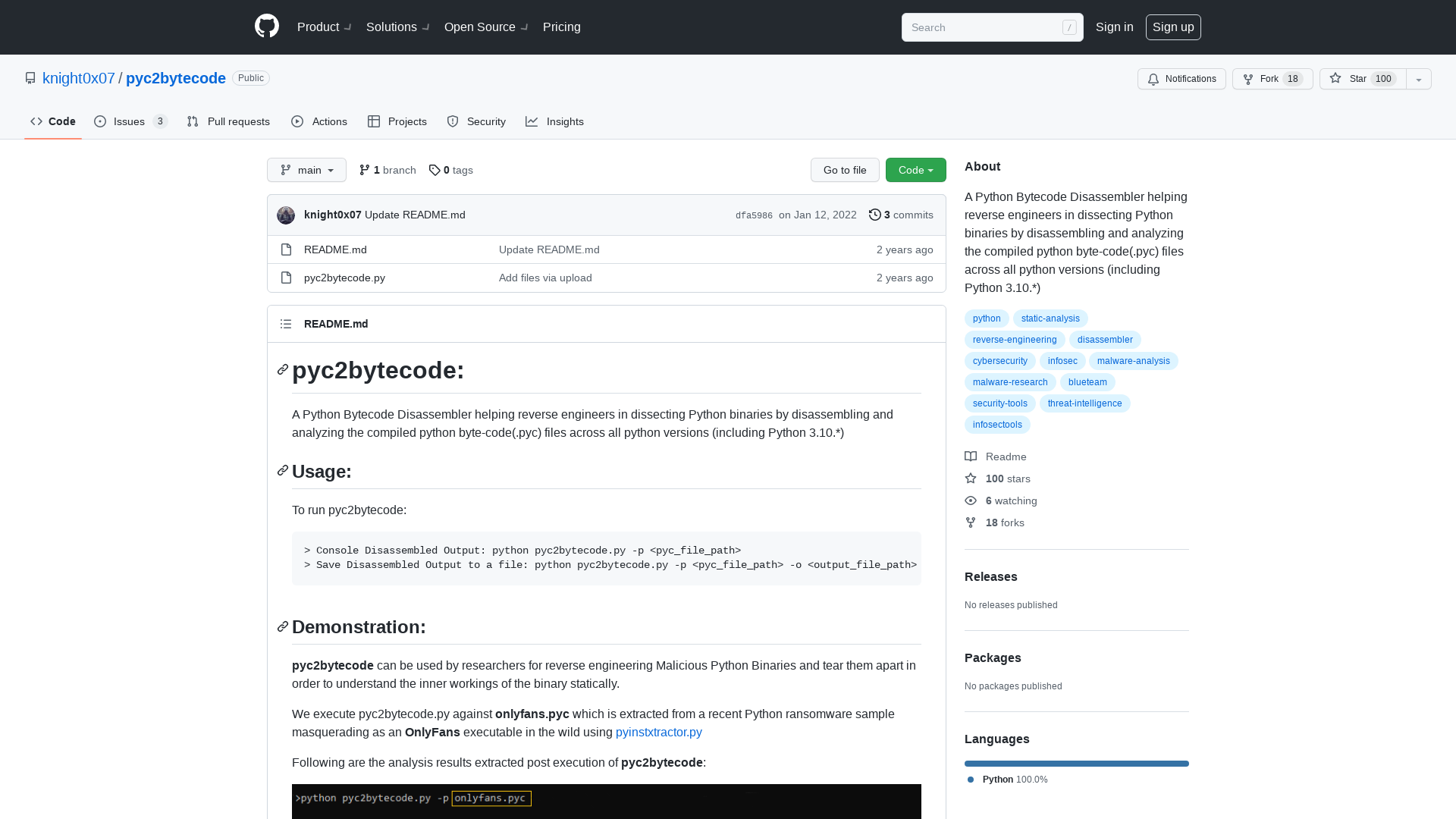 GitHub - knight0x07/pyc2bytecode: A Python Bytecode Disassembler helping reverse engineers in dissecting Python binaries by disassembling and analyzing the compiled python byte-code(.pyc) files across all python versions (including Python 3.10.*)