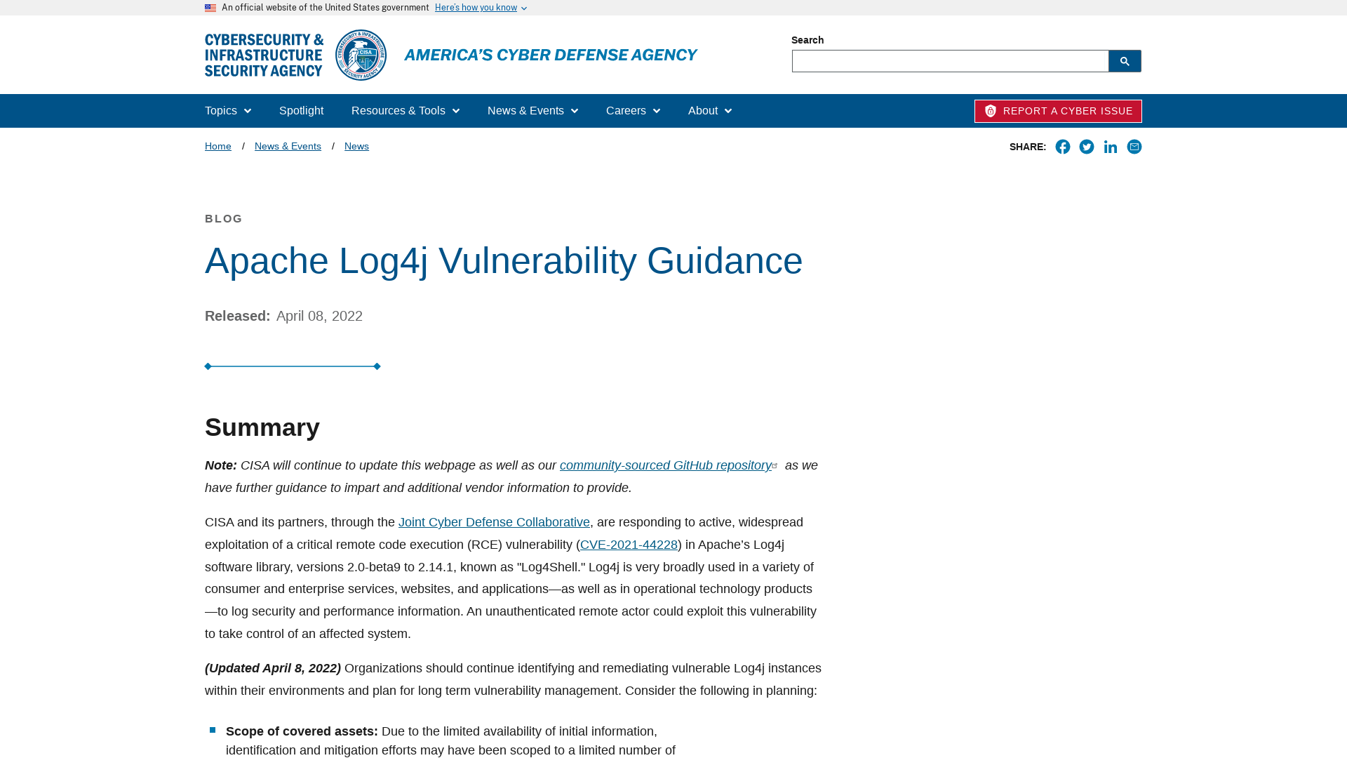 Apache Log4j Vulnerability Guidance | CISA