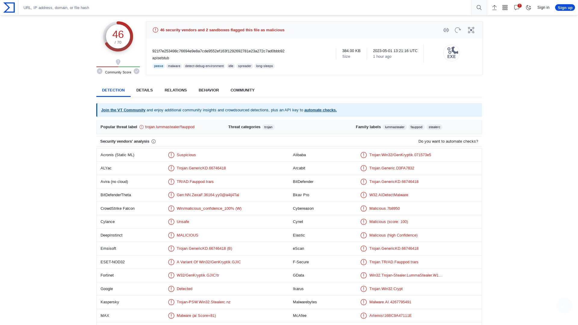 VirusTotal - File - 921f7e253498c76694e9e8a7cde9552ef163f1292692781e23a272c7ad0bbb92