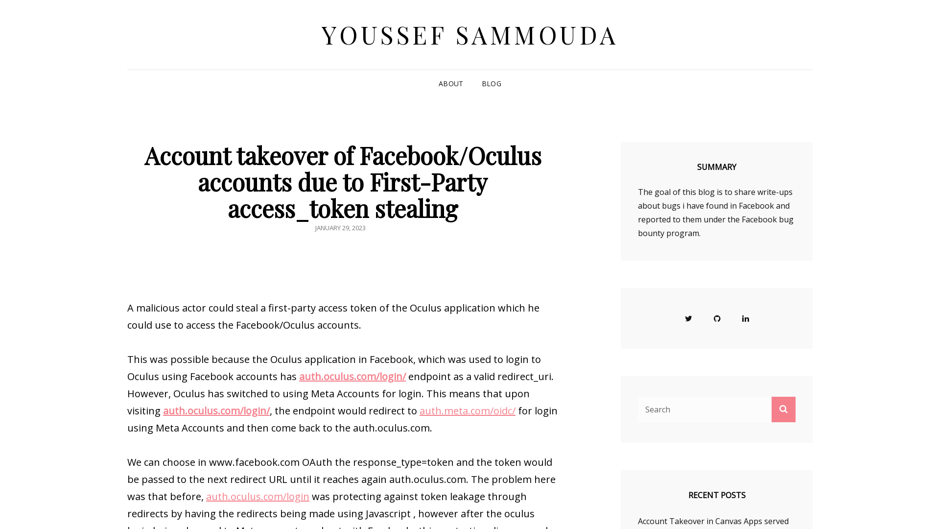 Account takeover of Facebook/Oculus accounts due to First-Party access_token stealing – Youssef Sammouda