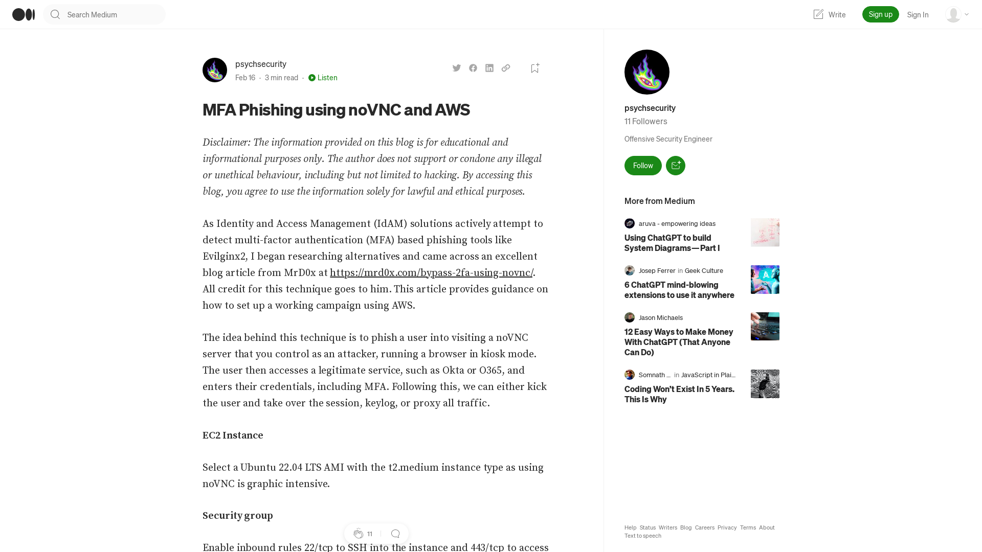 MFA Phishing using noVNC and AWS. Disclaimer: The information provided on… | by psychsecurity | Feb, 2023 | Medium